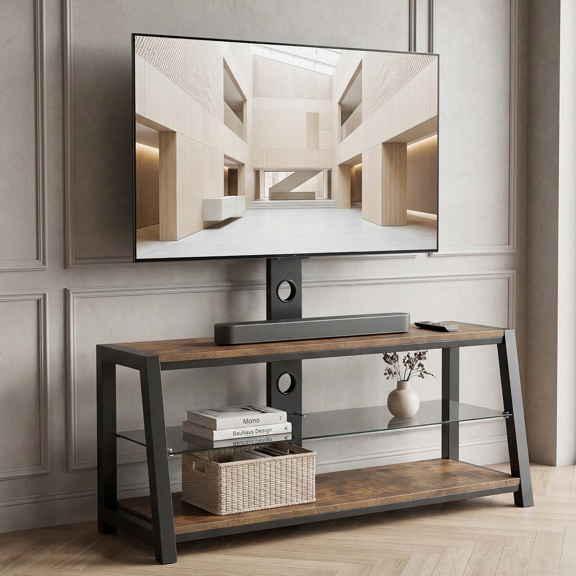REDOM TV-Ständer TV-Schrank aus Holz, (Höhenverstellbarer TV-Wagen mit schwarzem Hartglas und schwenkbarem Entertainment-Center, Wandhalterung, TV-Regal H125/B116/T42)