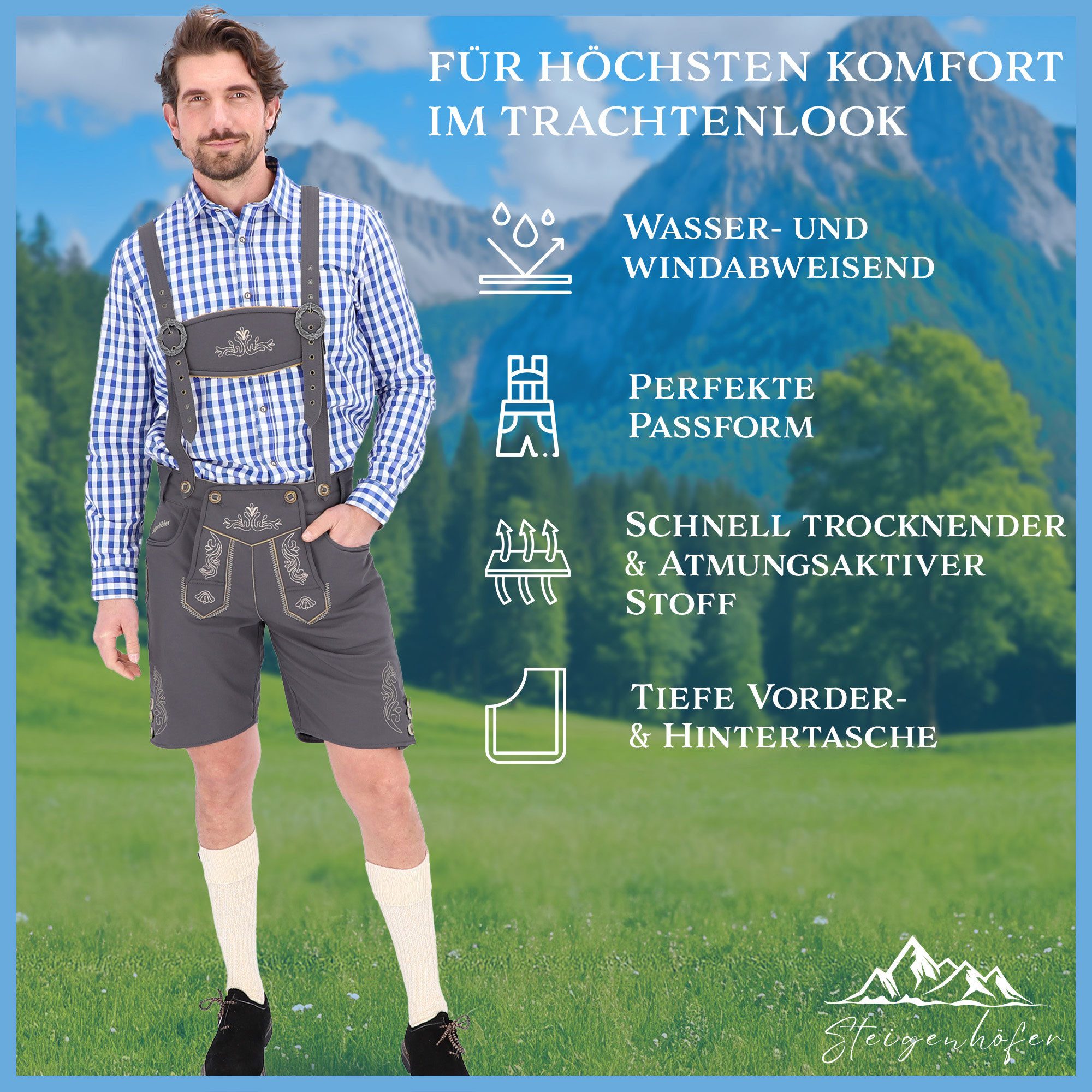 Steigenhöfer Manufaktur Trachtenhose Lukas Softshellhose mit Trägern – Lederhose Herren Stil Tracht Atmungsaktiv - Schnell trocknend - Wasser- und windabweisend