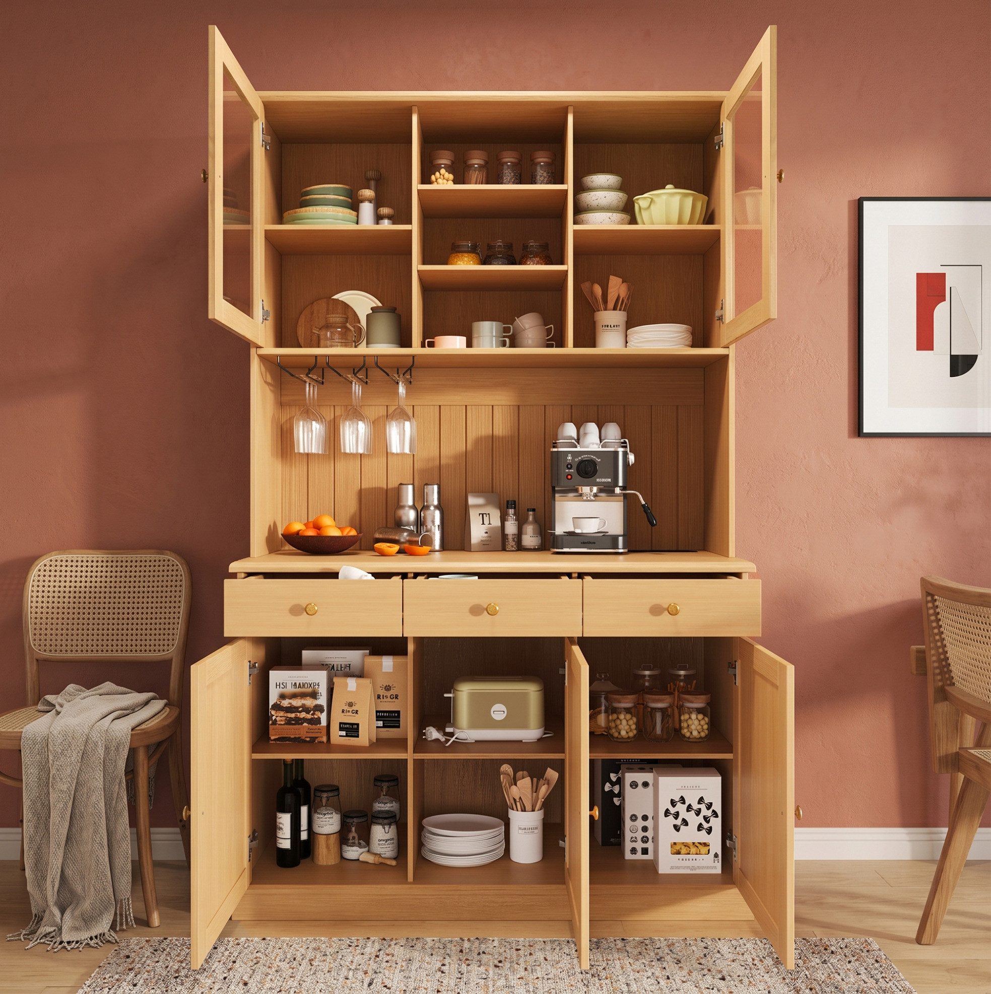 REDOM Hochschrank Esszimmerschrank in Natur mit USB & Steckdose (Packung, 1-St., Natur, 120×40×191 cm, für moderne Küche) Gläserhalter, Glastüren, elegante Optik