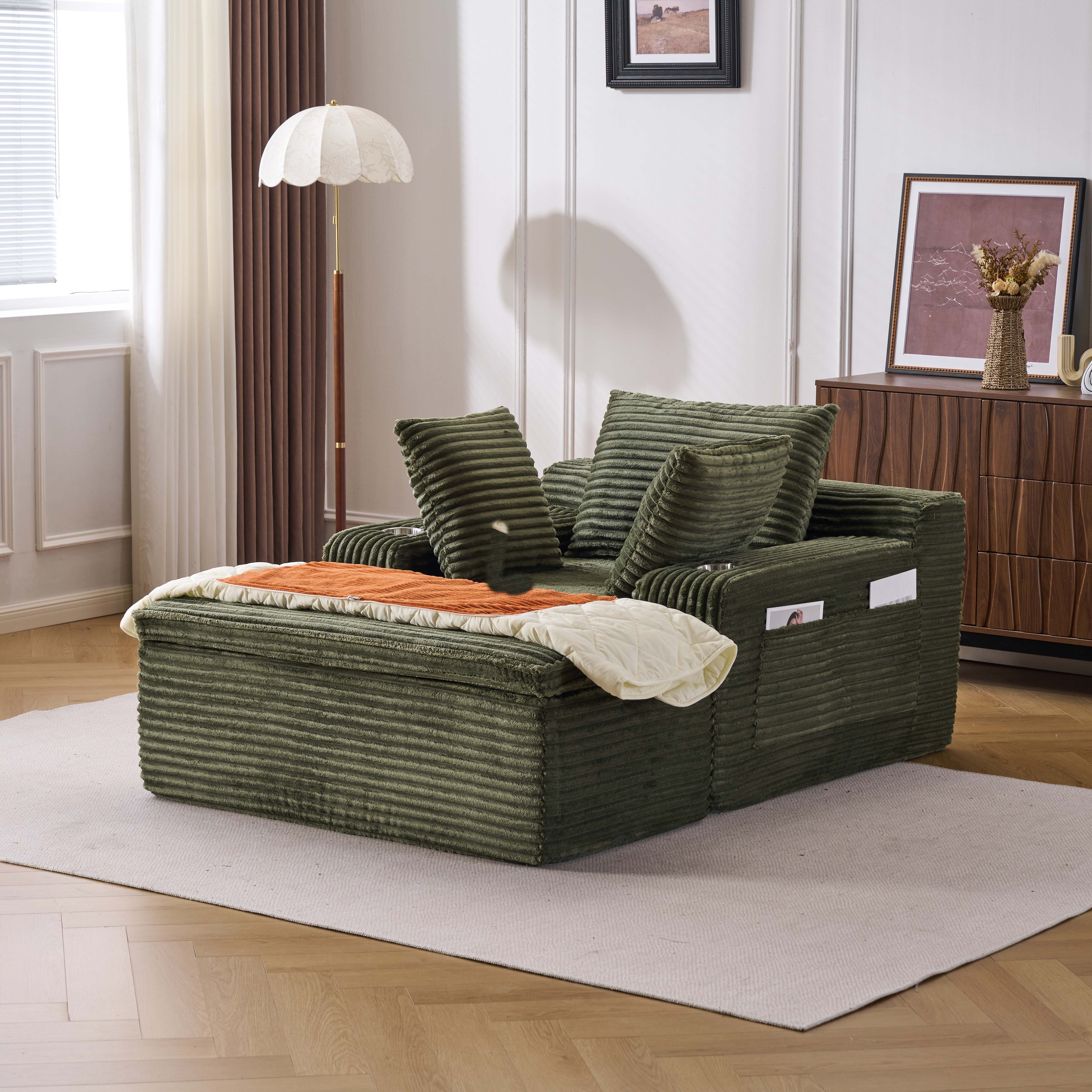 Leawin Sofa Sofas Wohnzimmer Schlafsofa Couch klein Cord Relaxsessel, Werkzeuglos, weich gepolstert mit Decken-Kissen & Getränkehaltern