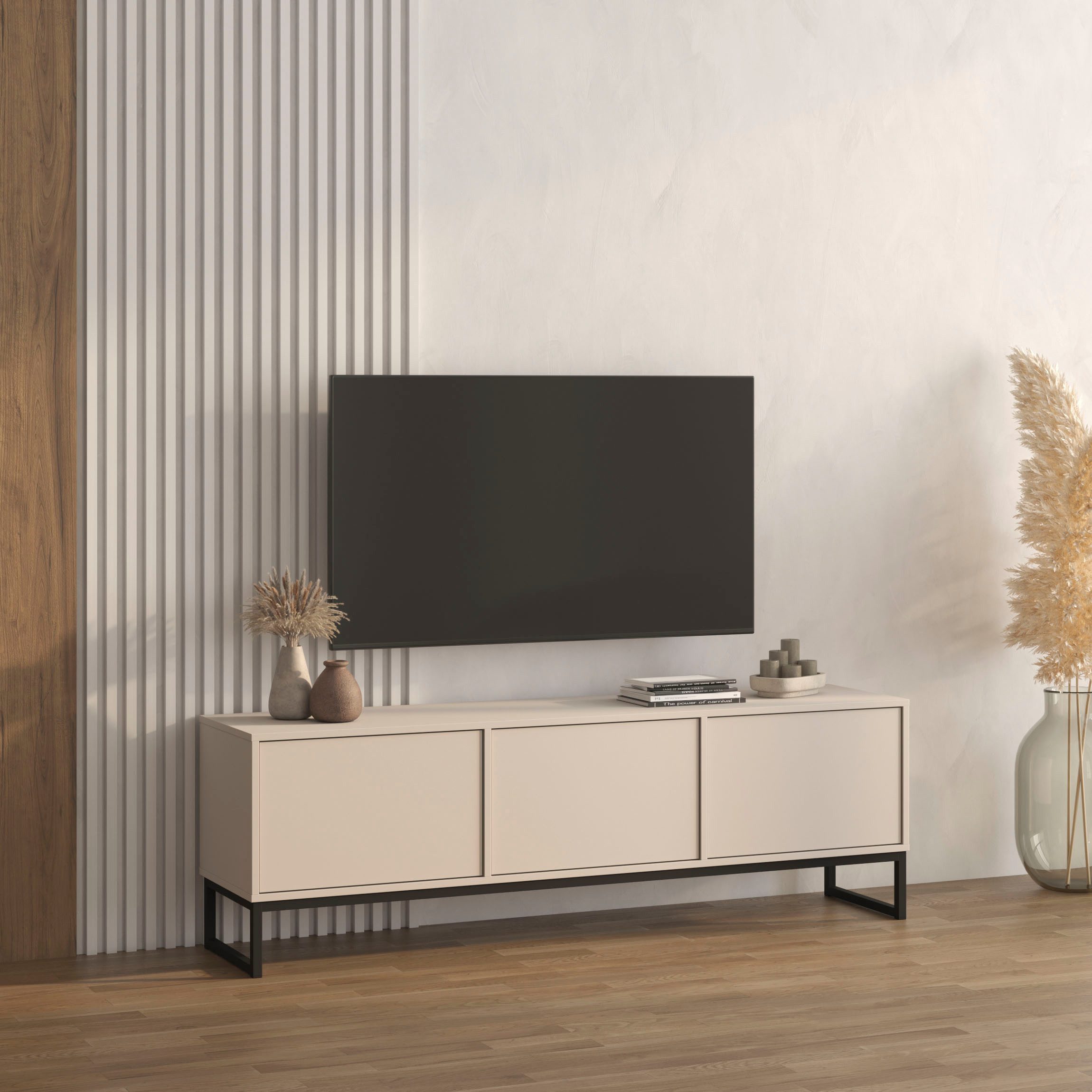 OTTO home Lowboard Loft, Breite 157 cm, TV-Board 3 Klappen, Metallkufen, TV-Kommode mit viel Stauraum, push-to-open-Funktion