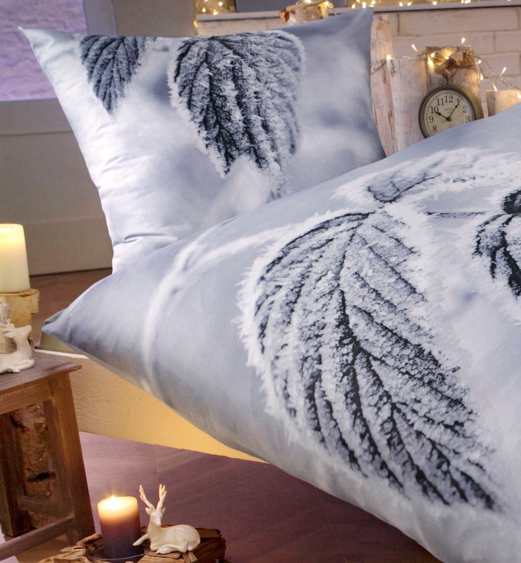 sister s. Bettwäsche Bettwäsche-Set FROSTY LEAVES reine Baumwolle Satin made in Europe, Satin, 2 teilig, anschmiegsam hautfreundlich gefrostete Blätter 155x220 cm + 80x80 cm