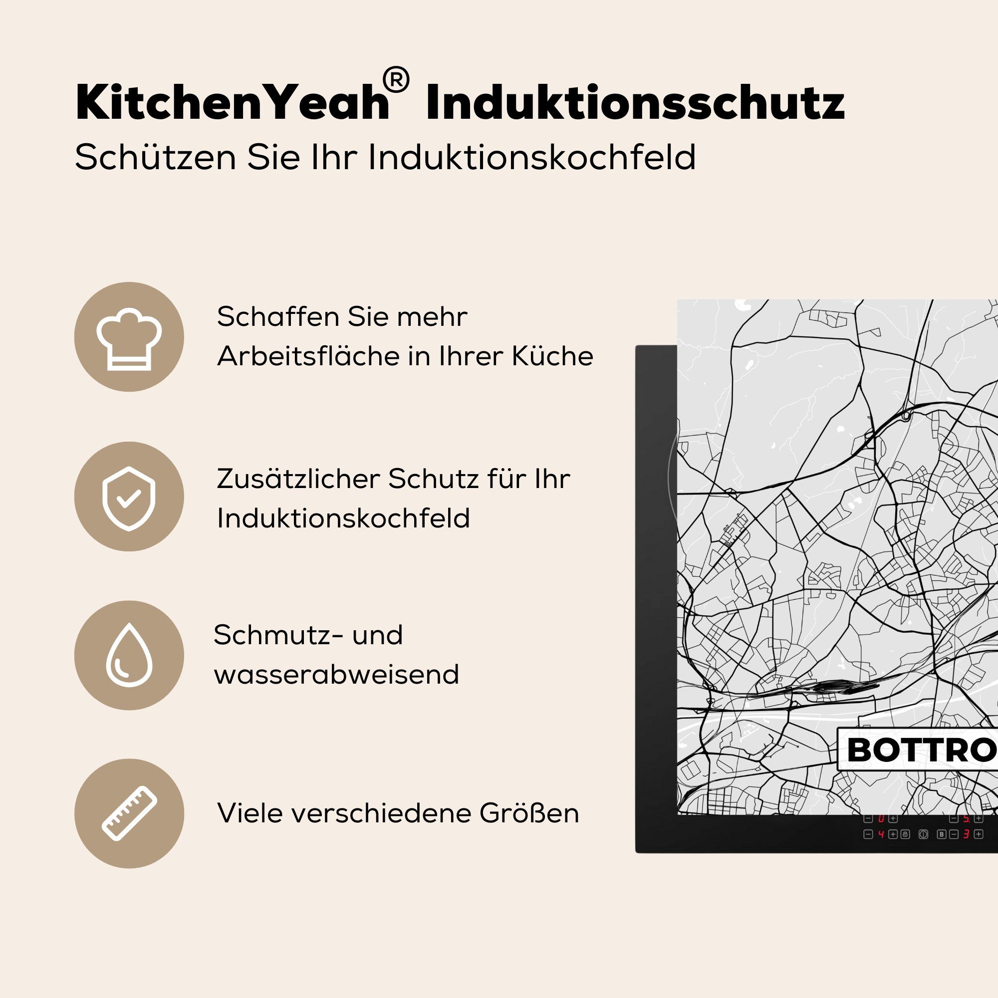 MuchoWow Herdblende-/Abdeckplatte Bottrop Stadtplan Karte - Vinyl, 78x78 - Deutschland - Karte, cm, tlg), Ceranfeldabdeckung, für - küche (1 Arbeitsplatte