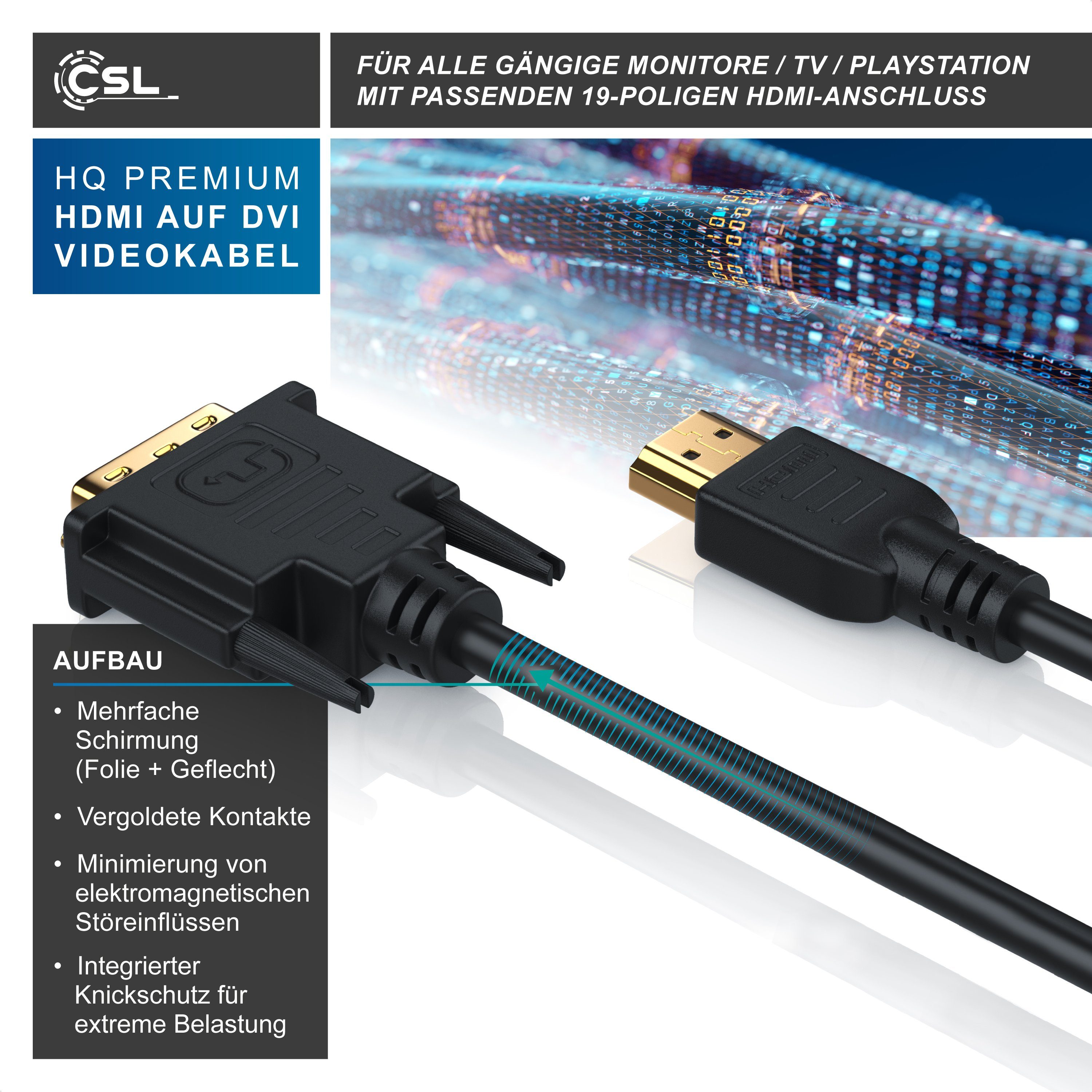 CSL Full HD Dual Link HDTV Adapter / Konverter Kabel - 3m Video-Kabel, DVI-D (DL), HDMI Typ A, (300 cm), DVI-D, für Monitor, Beamer, Grafikkarte, flimmerfreie B – Bild 5 von 5