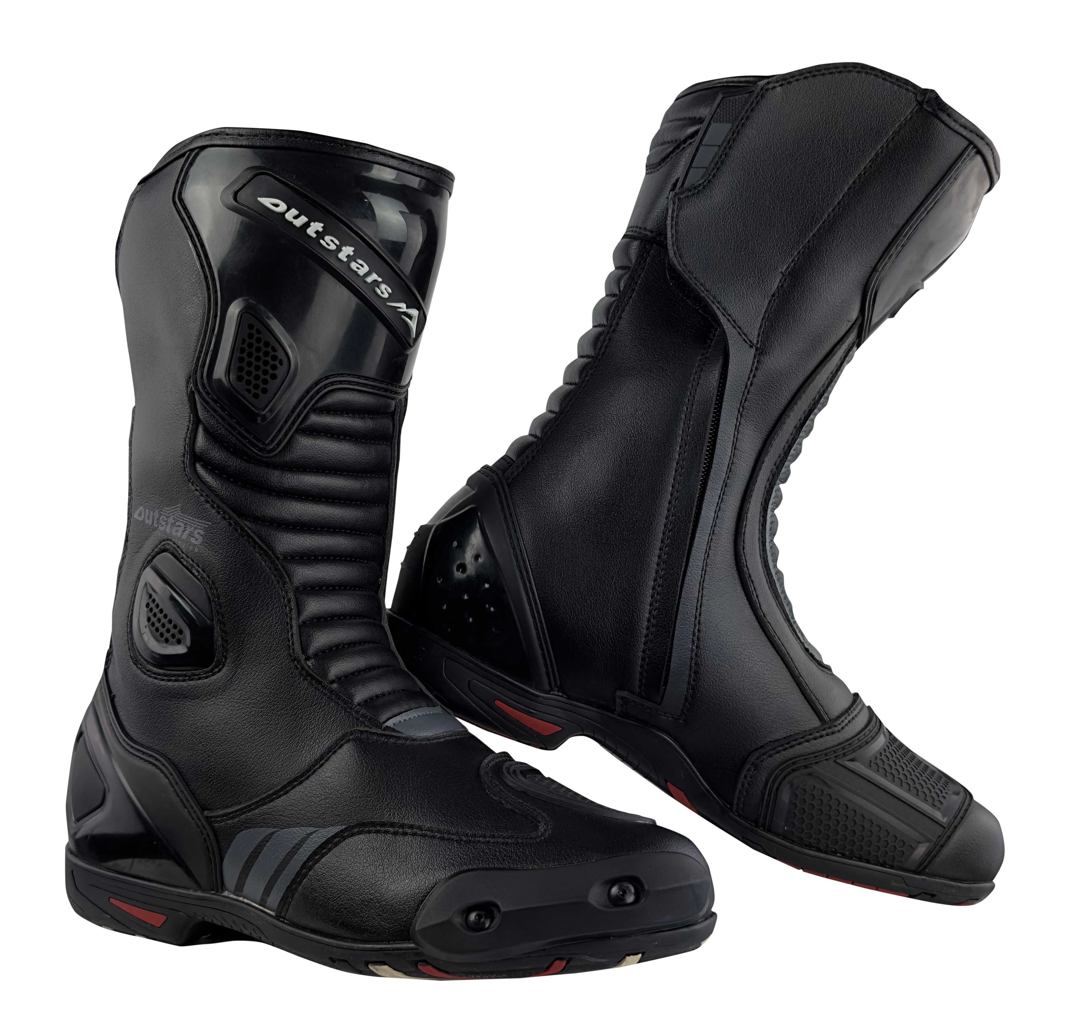 OUTSTARS RO019 - Racingstiefel mit Schleifpads & Belüftung, schwarz Motorradstiefel aus echtem Leder, Schleifpads & Belüftung