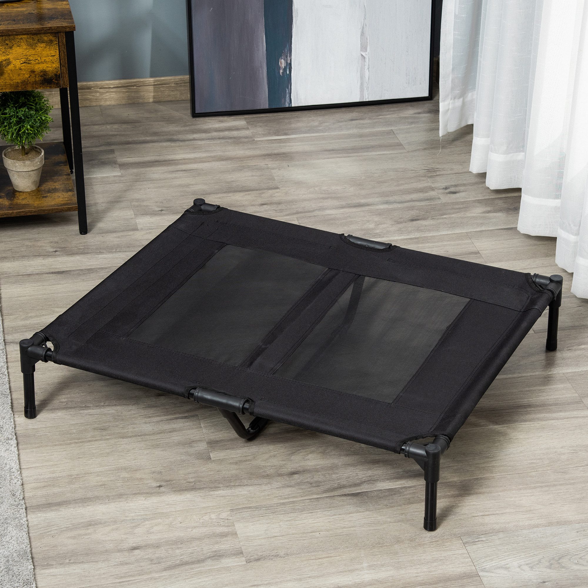 PawHut Tierbett Hundeliege outdoor Schlafplatz Hundebett 92 x 76 x 18 cm, Oxford-Gewebe, Texteline-Netz, für Garten, Balkon, Schwarz