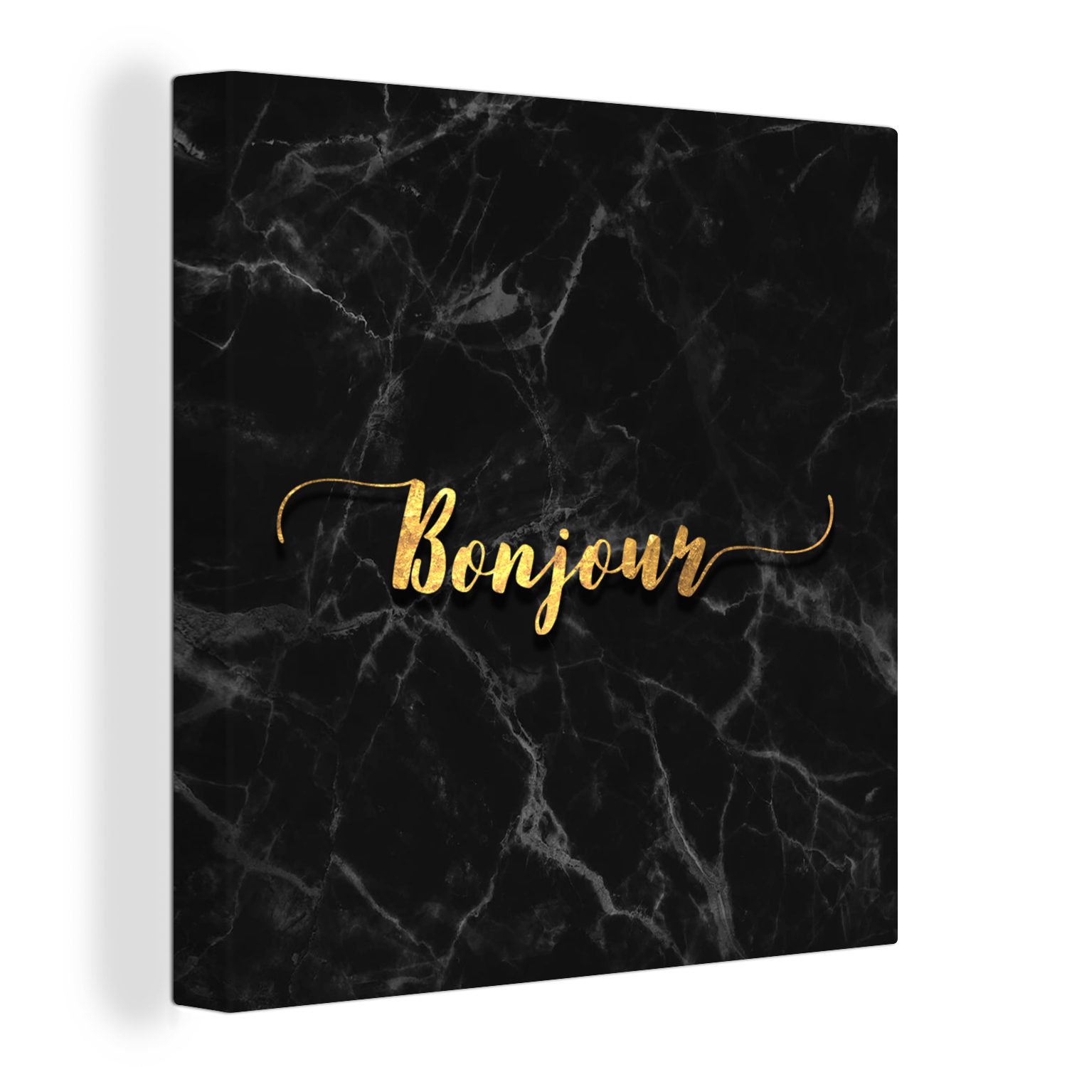 OneMillionCanvasses® Leinwandbild Zitat - Bonjour - Gold - Marmor, (1 St), Leinwand Bilder für Wohnzimmer Schlafzimmer