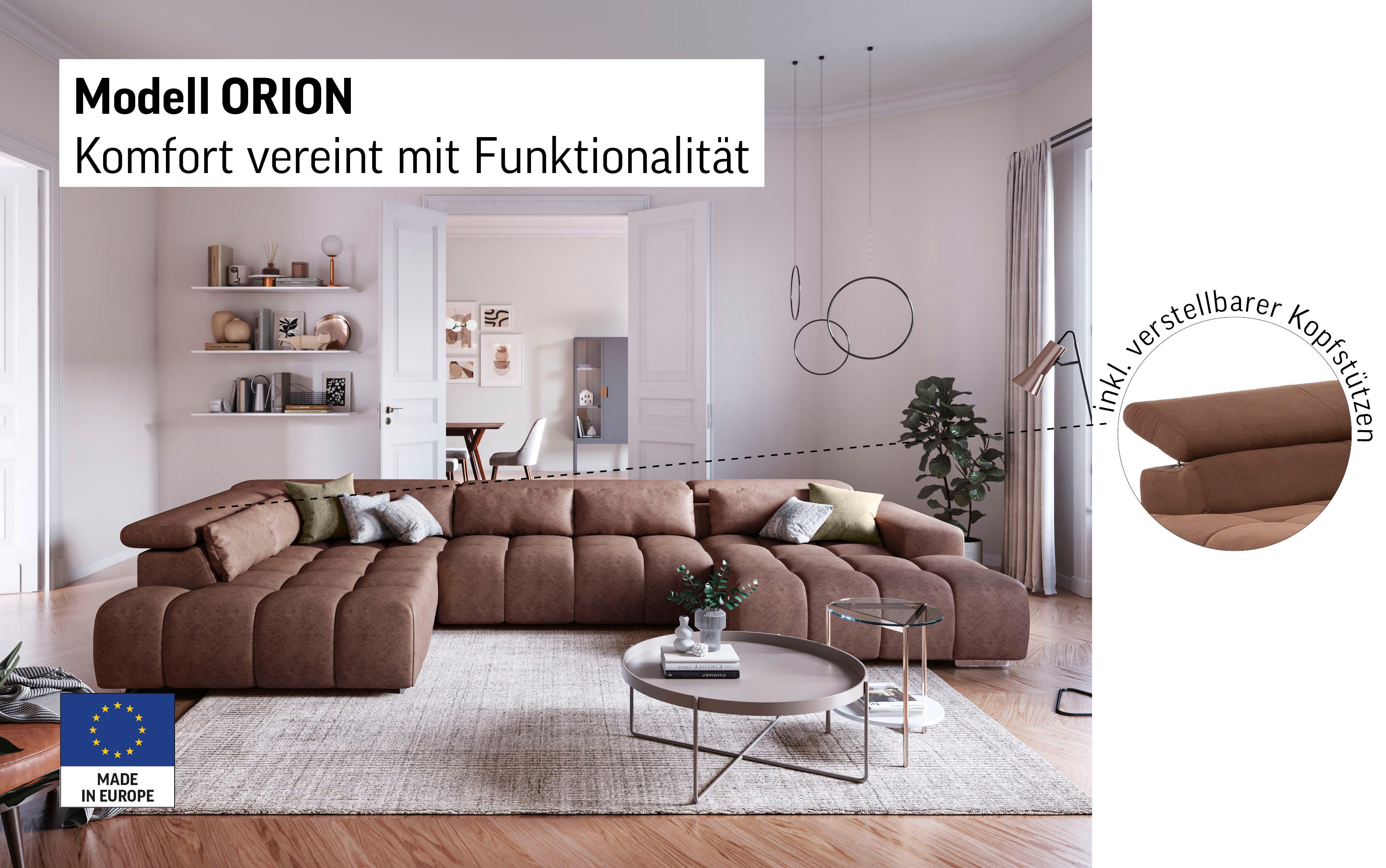 COTTA Wohnlandschaft Orion U-Form, mit Kopfteilverstellung & 6 Nierenkissen