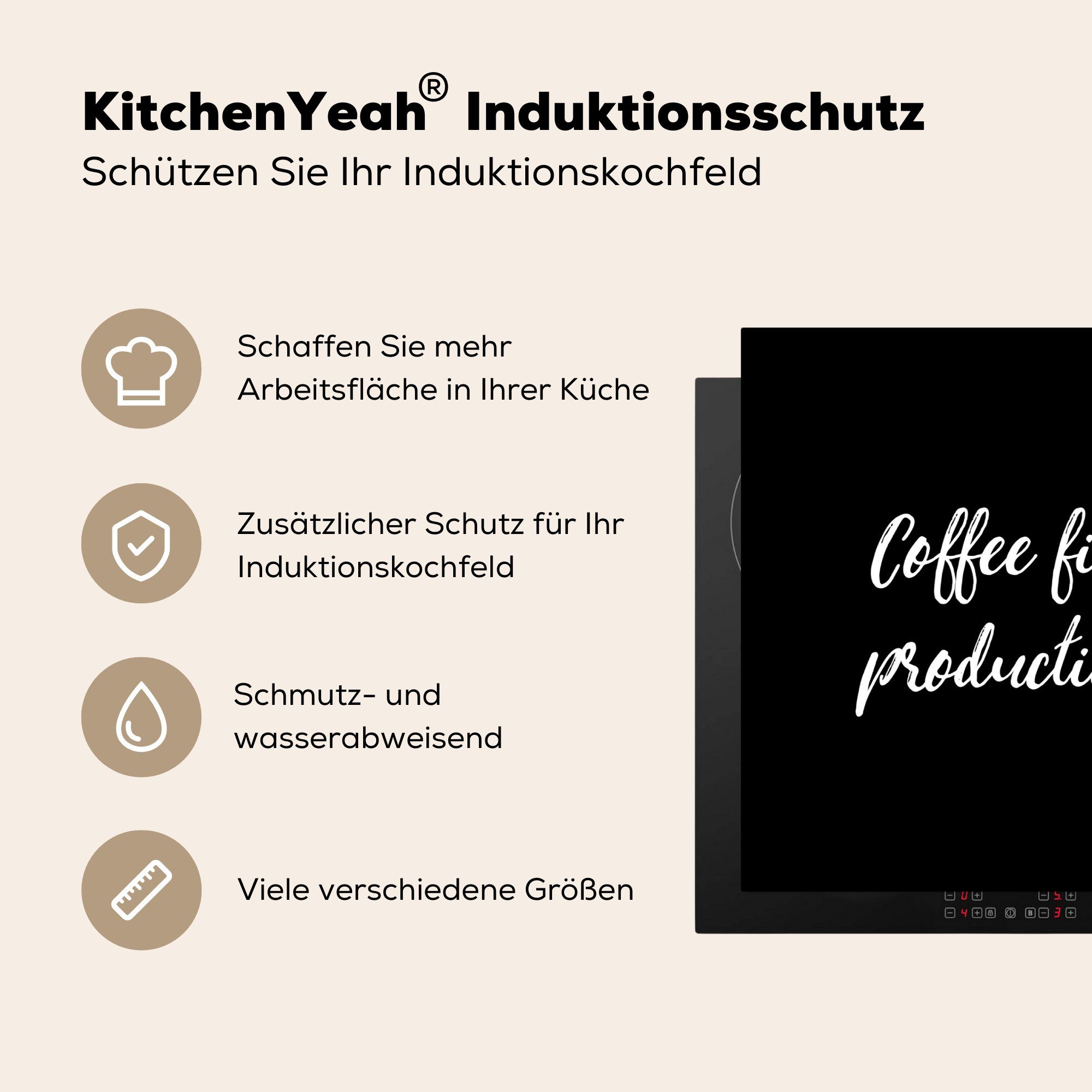 Arbeitsfläche Sprichwörter, MuchoWow sein dann Vinyl, Mobile Kaffee, (1 nutzbar, tlg), - Kaffee Zitate produktiv 70x52 Erst Herdblende-/Abdeckplatte Ceranfeldabdeckung cm, - -