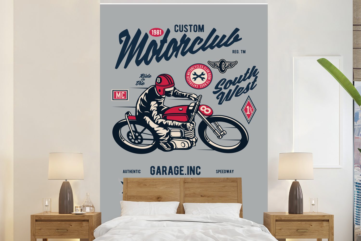MuchoWow Fototapete Motorrad - Kleidung - Retro, Matt, bedruckt, (3 St), Montagefertig Vinyl Tapete für Wohnzimmer, Wandtapete | Fototapeten