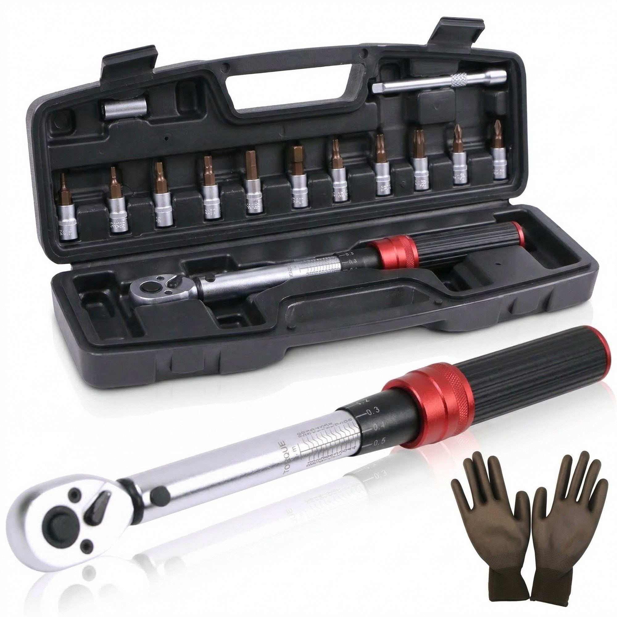 Mucola Drehmomentschlüssel Drehmomentschlüssel-Set 1/4" 3-25Nm 72 Zähne Wende Ratschenkopf (Set, 15 St., Stück), Antrieb 6,3 mm (1/4), Chrom-Vanadium-Stahl, inkl. Arbeitshandschuhe