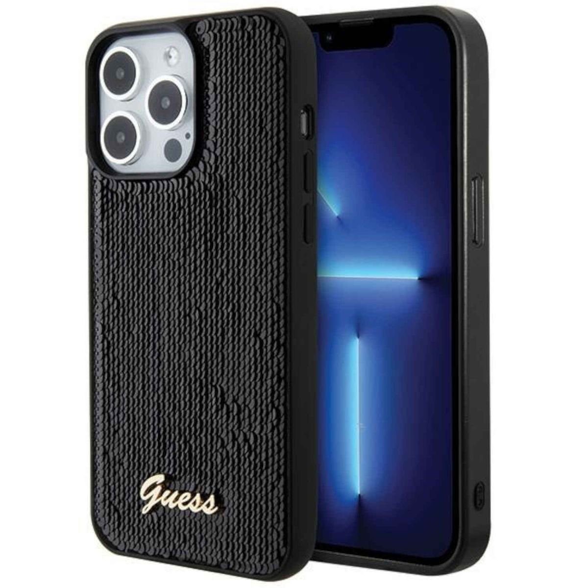 Guess Smartphone-Hülle Guess Apple iPhone 15 Pro Schutzhülle Case Sequin Script Metal Schwarz