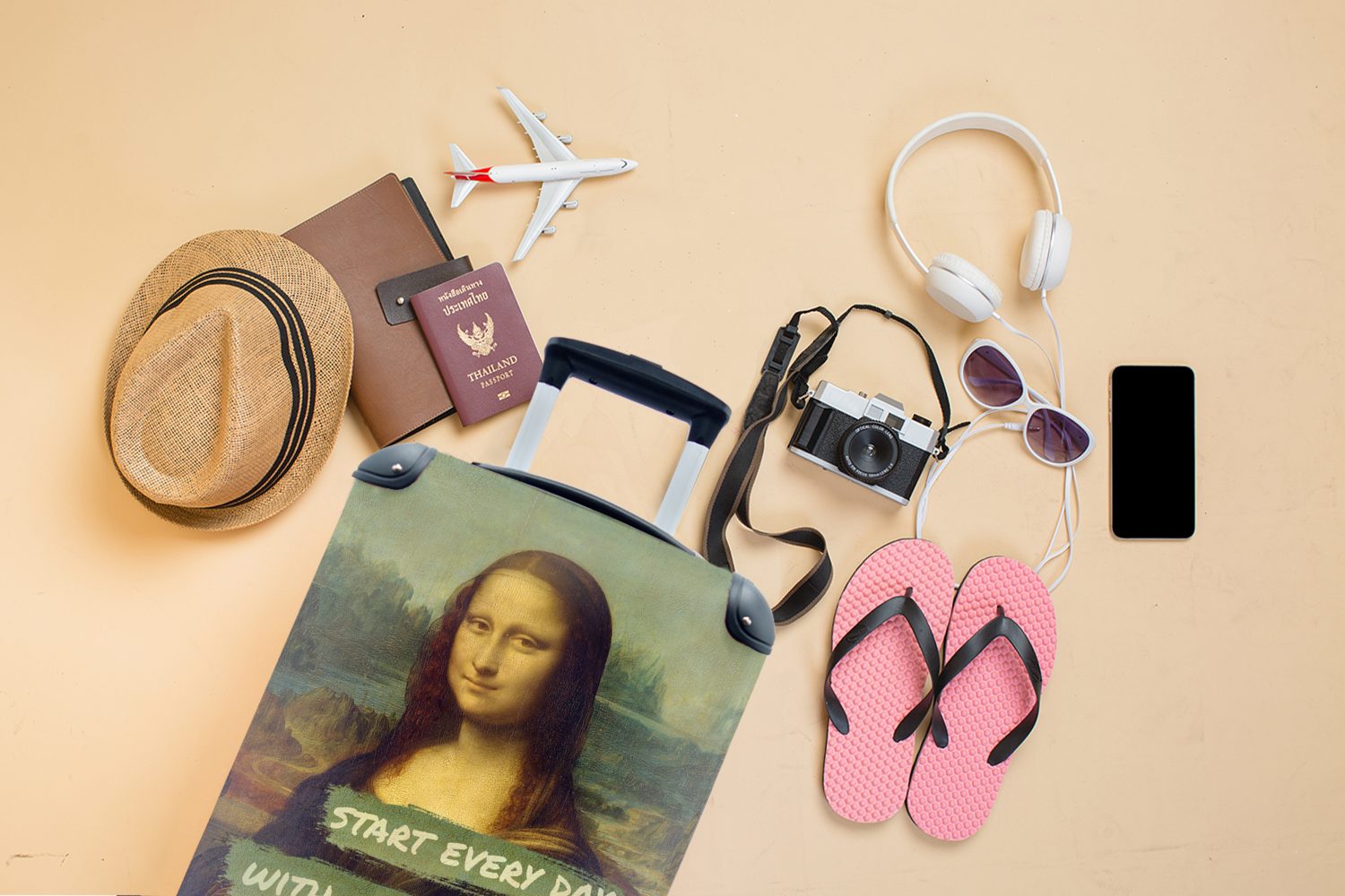 4 Reisekoffer Lisa Reisetasche Trolley, Handgepäckkoffer mit Ferien, - Zitat MuchoWow - Rollen, für rollen, Vinci, Mona Handgepäck Da
