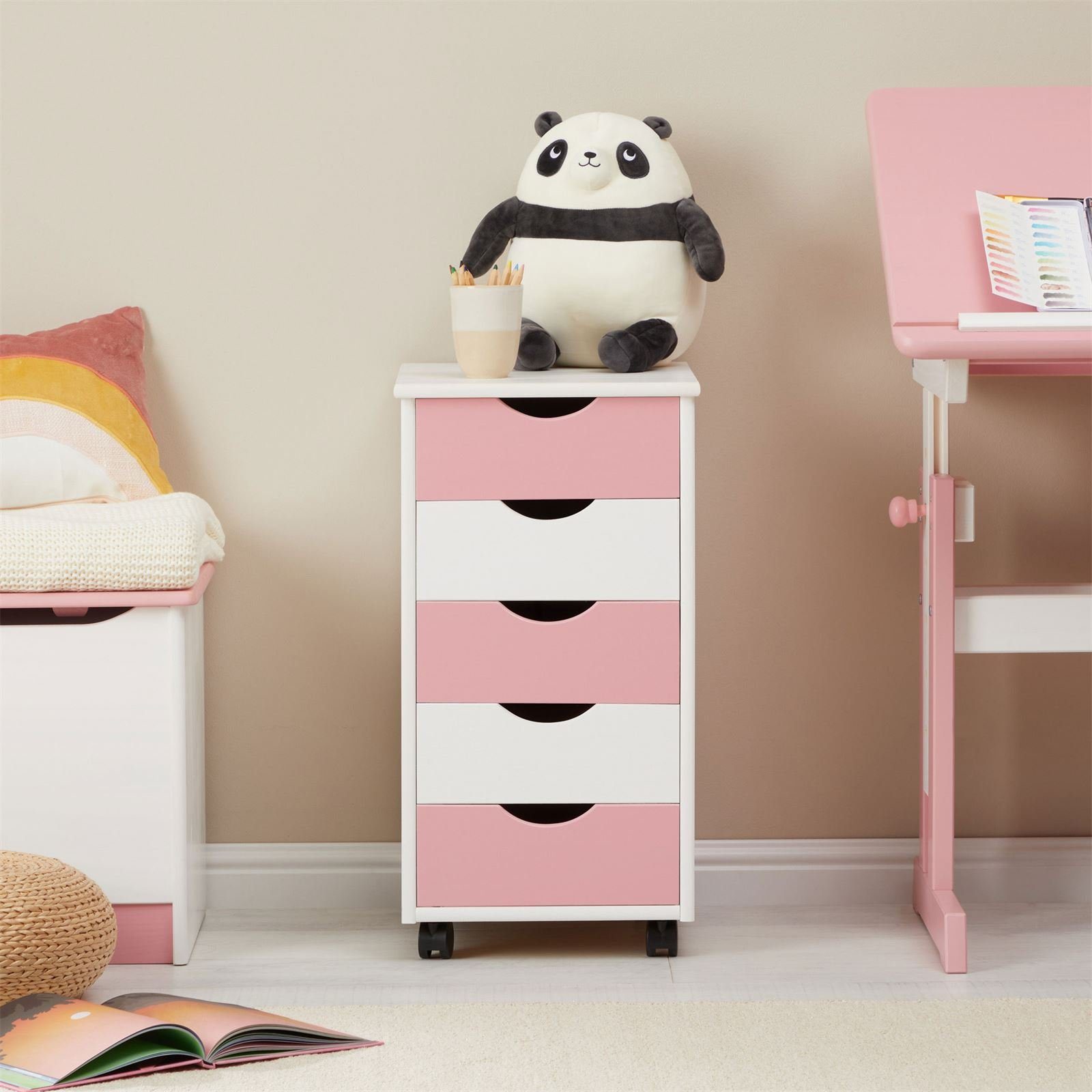 IDIMEX Rollcontainer LAGOS, Bürocontainer aus Massivholz mit 5 Schubladen Weiß/Rosa