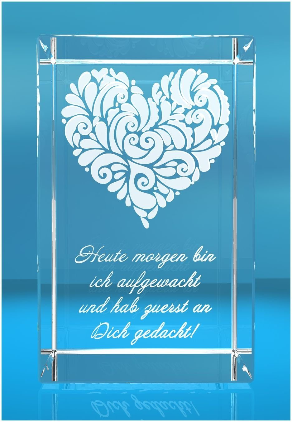VIP-LASER Dekofigur 3D Glasquader verziertes Herz Heute morgen bin ich aufgewacht und, Hochwertige Geschenkbox, Made in Germany, Familienbetrieb | Dekofiguren
