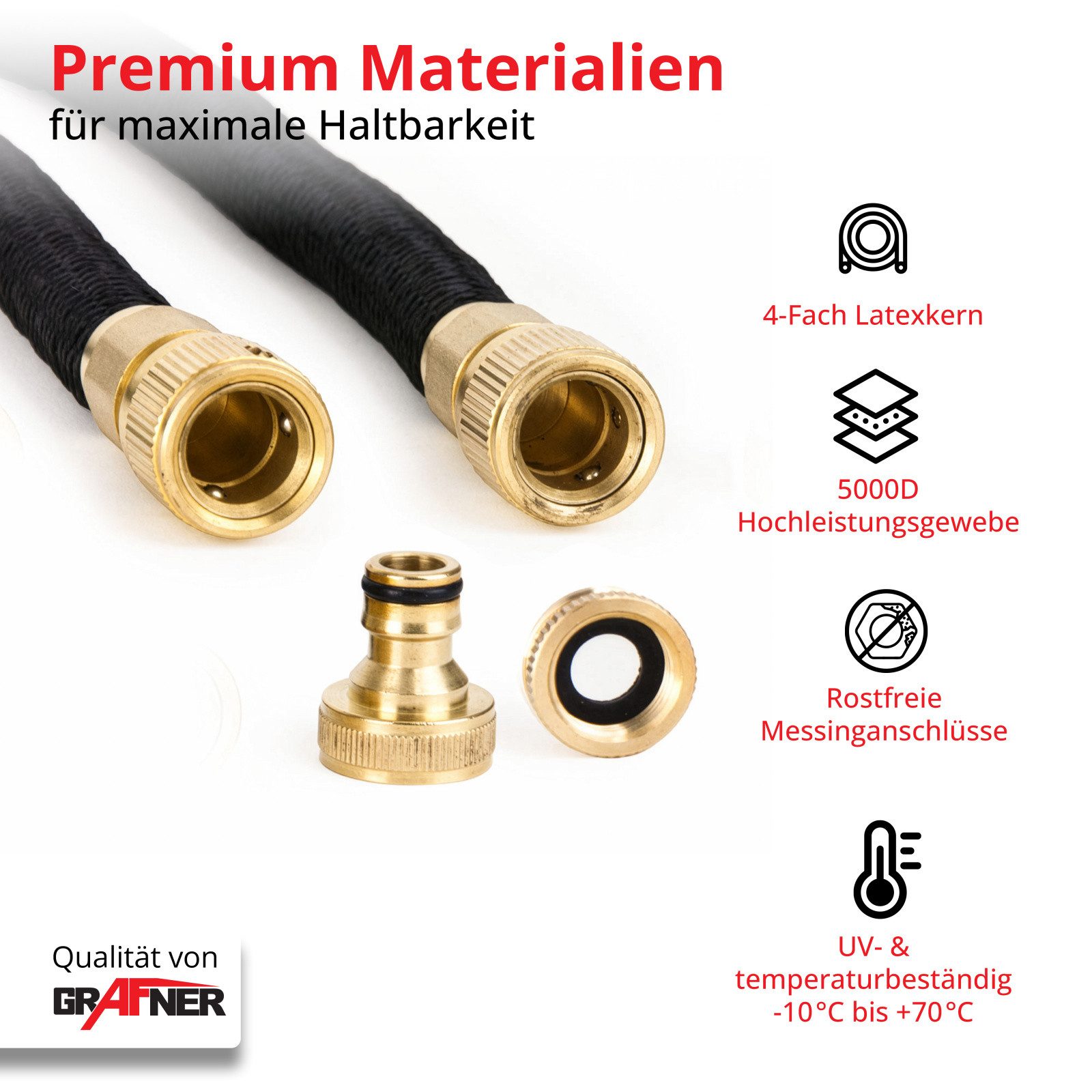 Grafner Gartenschlauch Grafner® Premium Flexibler Gartenschlauch 30m schwarz Messing Anschlüs, (7 St), bis zu dreifache Ausdehnung, 1/2 Zoll Klickanschlüsse
