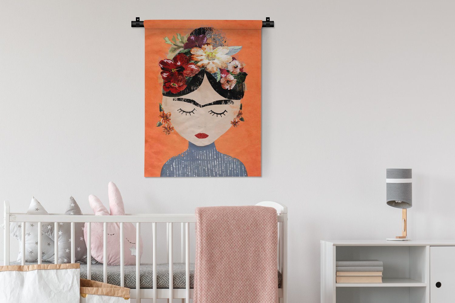 - - - Porträt Frida MuchoWow der Orange Tapisserie, Wanddekoobjekt für an - Kahlo Deko Frau Blumen, Wohnzimmer, Wand, Schlafzimmer