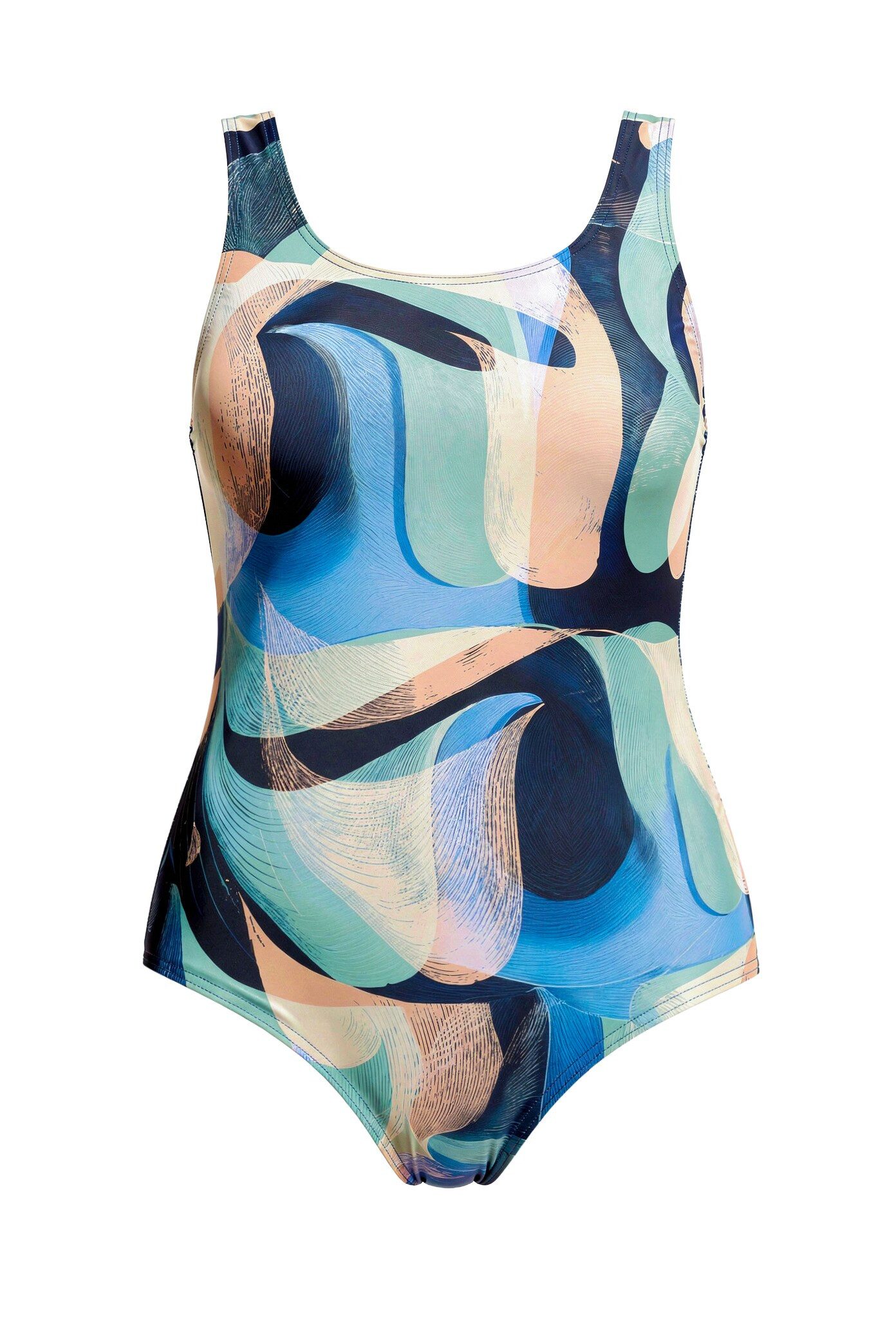 Ulla Popken Badeanzug Badeanzug abstrakter Druck ohne Softcups Rundhals