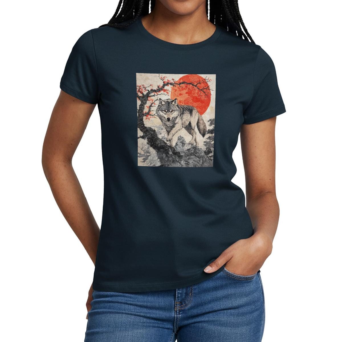 Spreadshirt T-Shirt Wolf Vor Roter Sonne, Japanischer Stil Frauen T-Shirt (1-tlg) Slim Fit, fällt klein aus