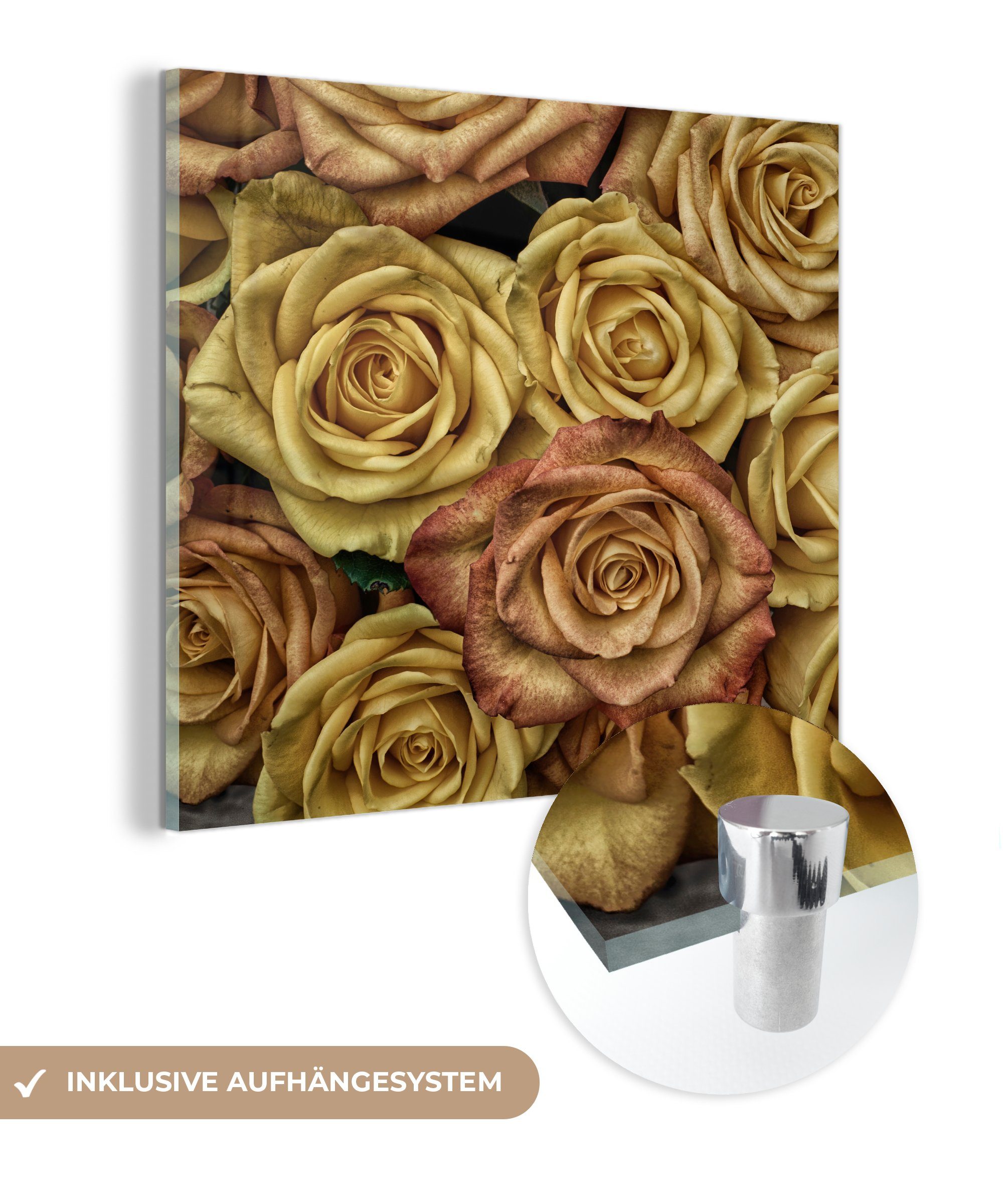 MuchoWow Acrylglasbild Rosen - Gold - Blumenstrauß, (1 St), Glasbilder - Bilder auf Glas Wandbild - Foto auf Glas - Wanddekoration