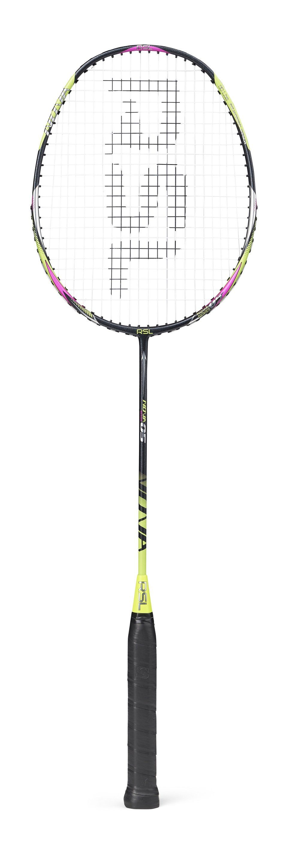 RSL Badmintonschläger Nova 05 (ausgewogen, flexibel) schwarz/gelb/violett - besaitet, Gewichtsklasse: 4U/G5