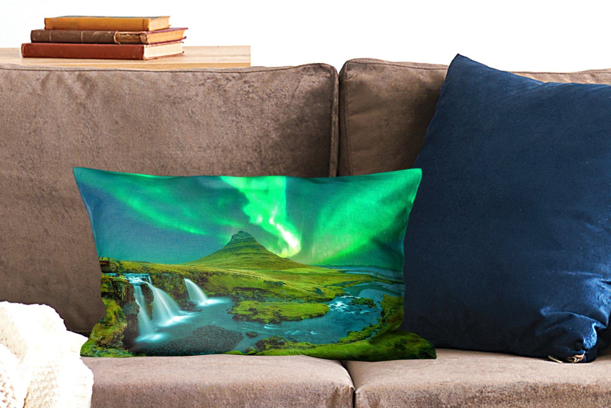Schlafzimmer - - Dekoration, mit Wasserfall Dekokissen Zierkissen, Island, Berg - MuchoWow Füllung, Wohzimmer Dekokissen Nordlichter