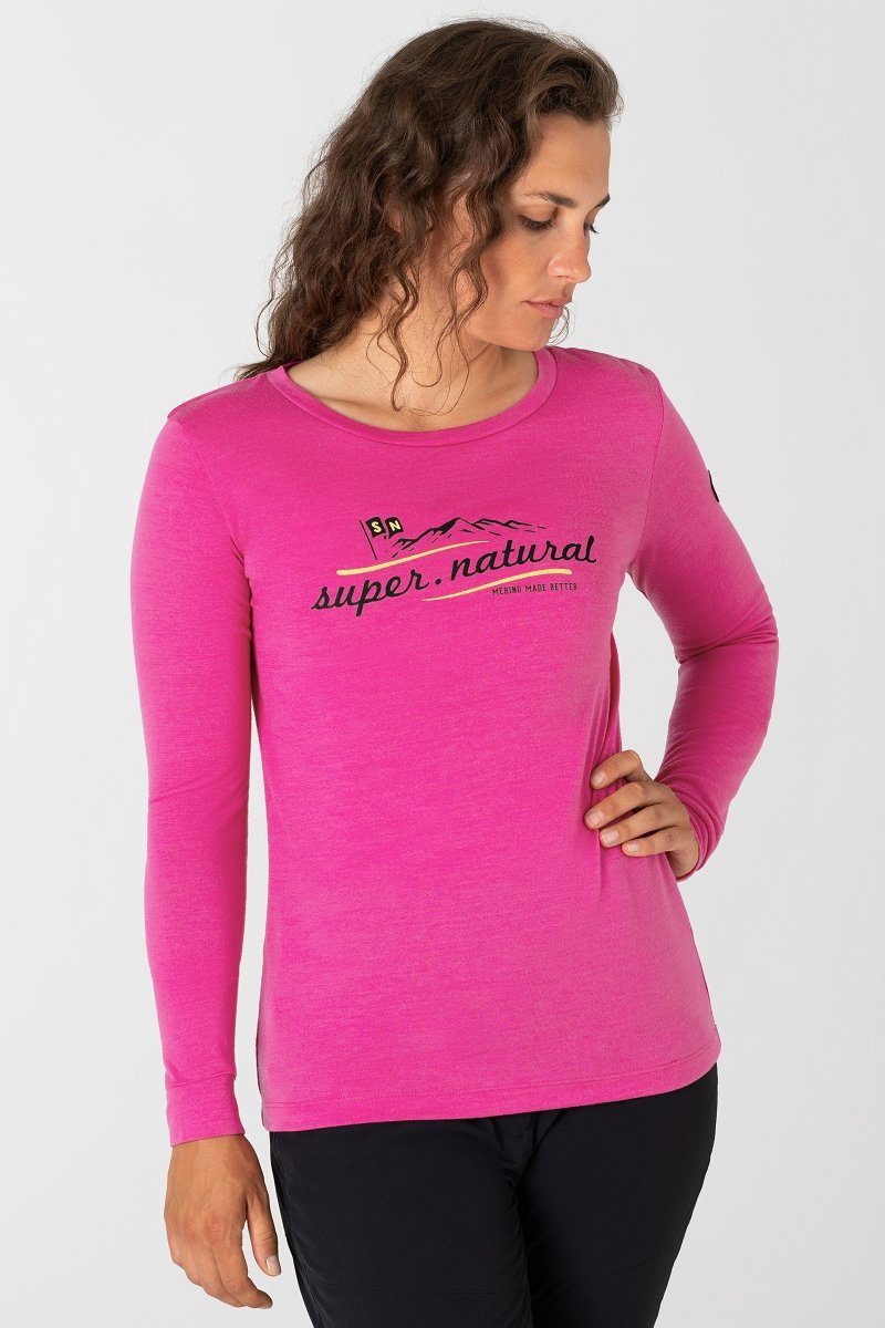 SUPER.NATURAL Langarmshirt Merino Longsleeve W MOUNTAIN I.D. LS angenehmer Merino-Materialmix Fuchsia Red/Deep Forest/Illuminating