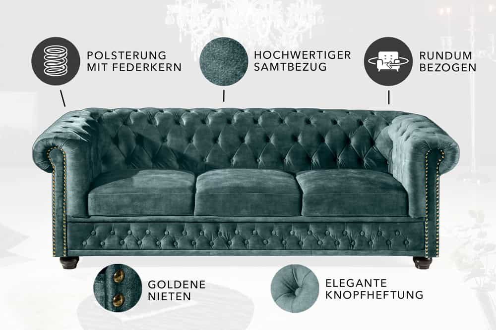 riess-ambiente Sofa CHESTERFIELD 205cm petrol, Einzelartikel 1 Teile, Wohnzimmer · Sofa · Samt · 3-Sitzer · Federkern – Bild 5 von 5