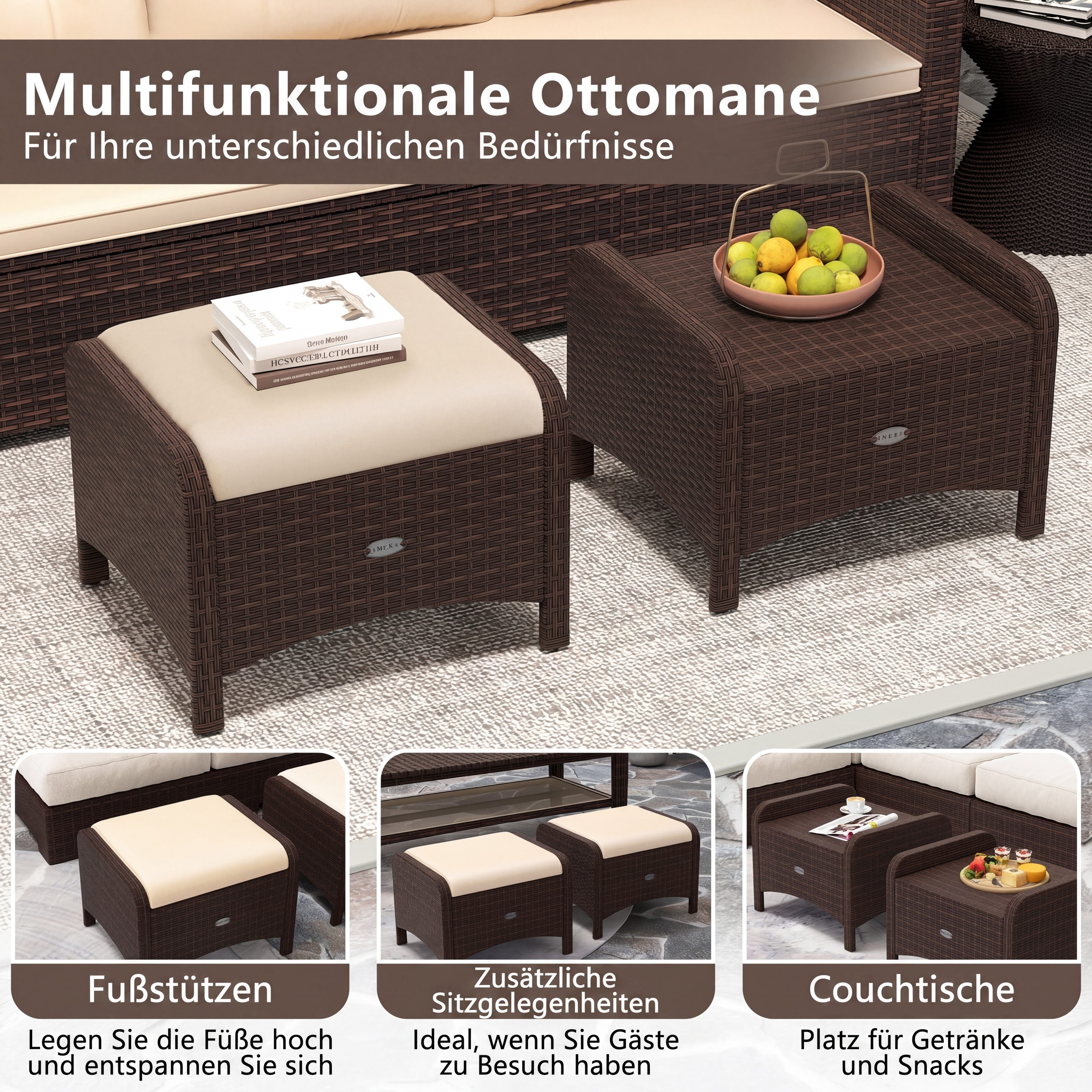 COSTWAY Fußhocker (2er Set), Rattan Sitzhocker mit abnehmbarem Kissen wetterfest 46x54x39,5cm