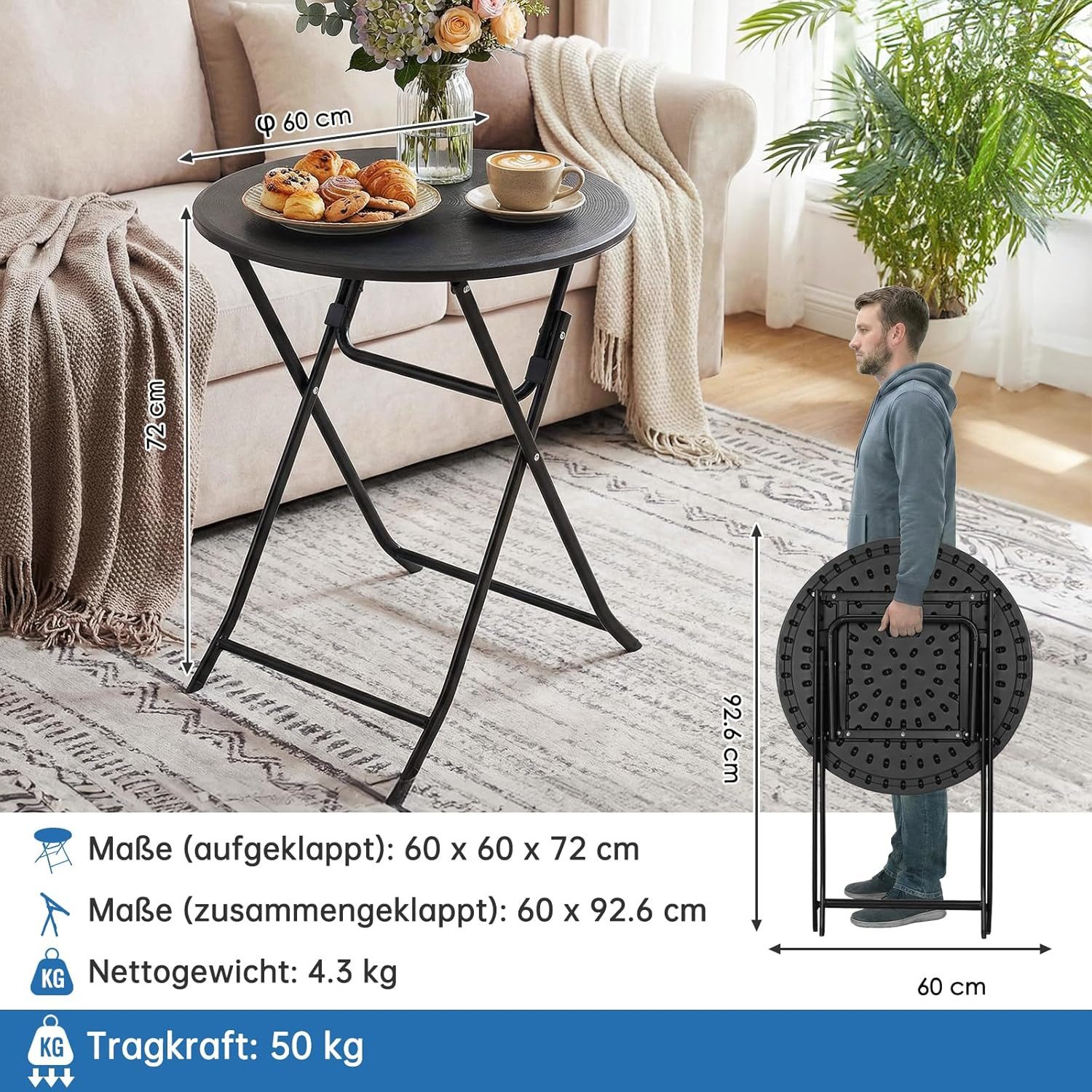 TLGREEN Gartentisch Rund Holz-Optik 60cm (Klappbarer Balkontisch mit Stahlrahmen, Wetterfester Campingtisch, Esstisch für Garten, Picknick, Party), Pflegeleicht – Bild 3 von 5