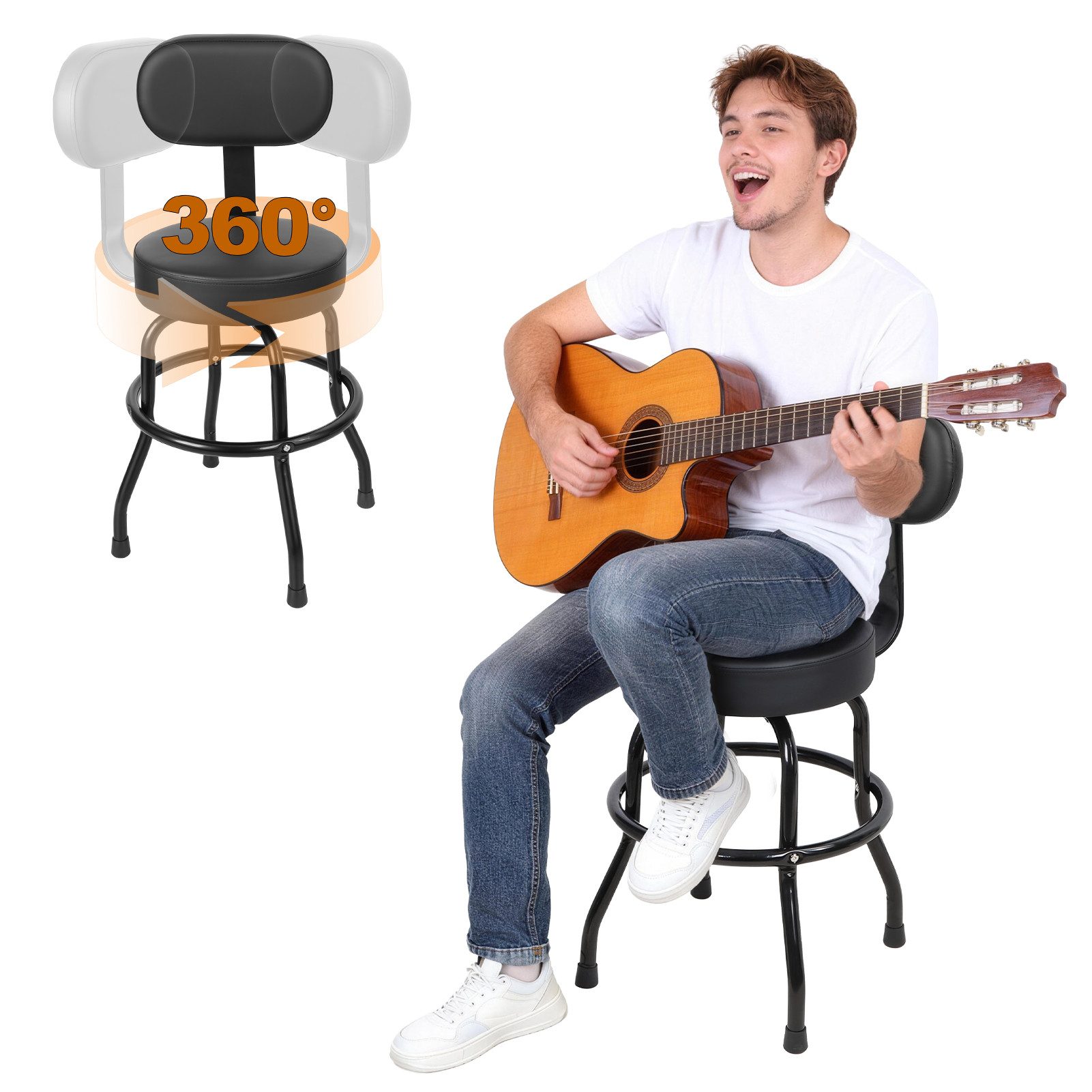 Rutaqian Gitarrenständer Gitarrenhocker mit Rückenlehne,360° drehbarer Barhocker, Gitarrenstuhl mit gepolstertem Kissen und Fußstütze für Akustikgitarre