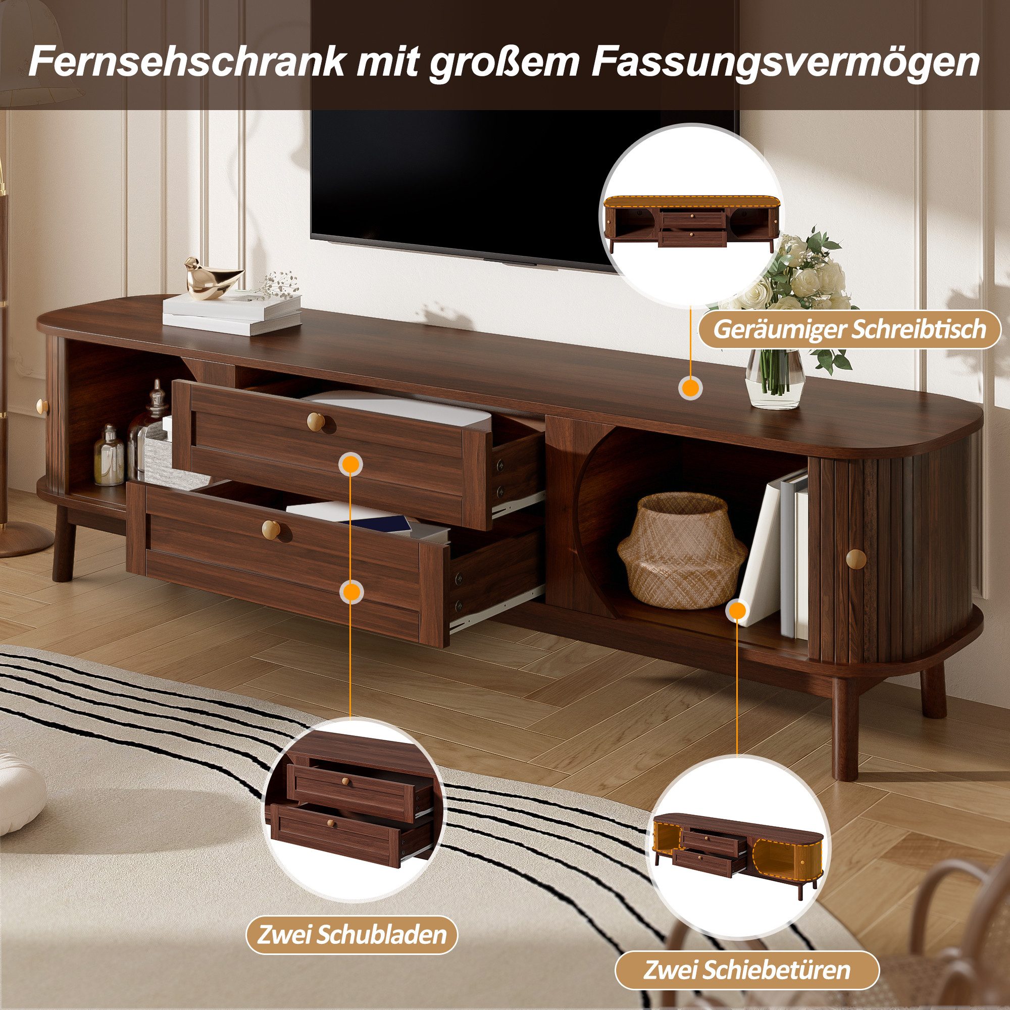 Merax TV-Schrank in Holzoptik mit Lamellentüren & abgerundeten Ecken (1-St) TV-Lowboard mit 2 Schubladen,2 Schiebetüren & Holzbeinen,170x39,5x46cm – Bild 5 von 5