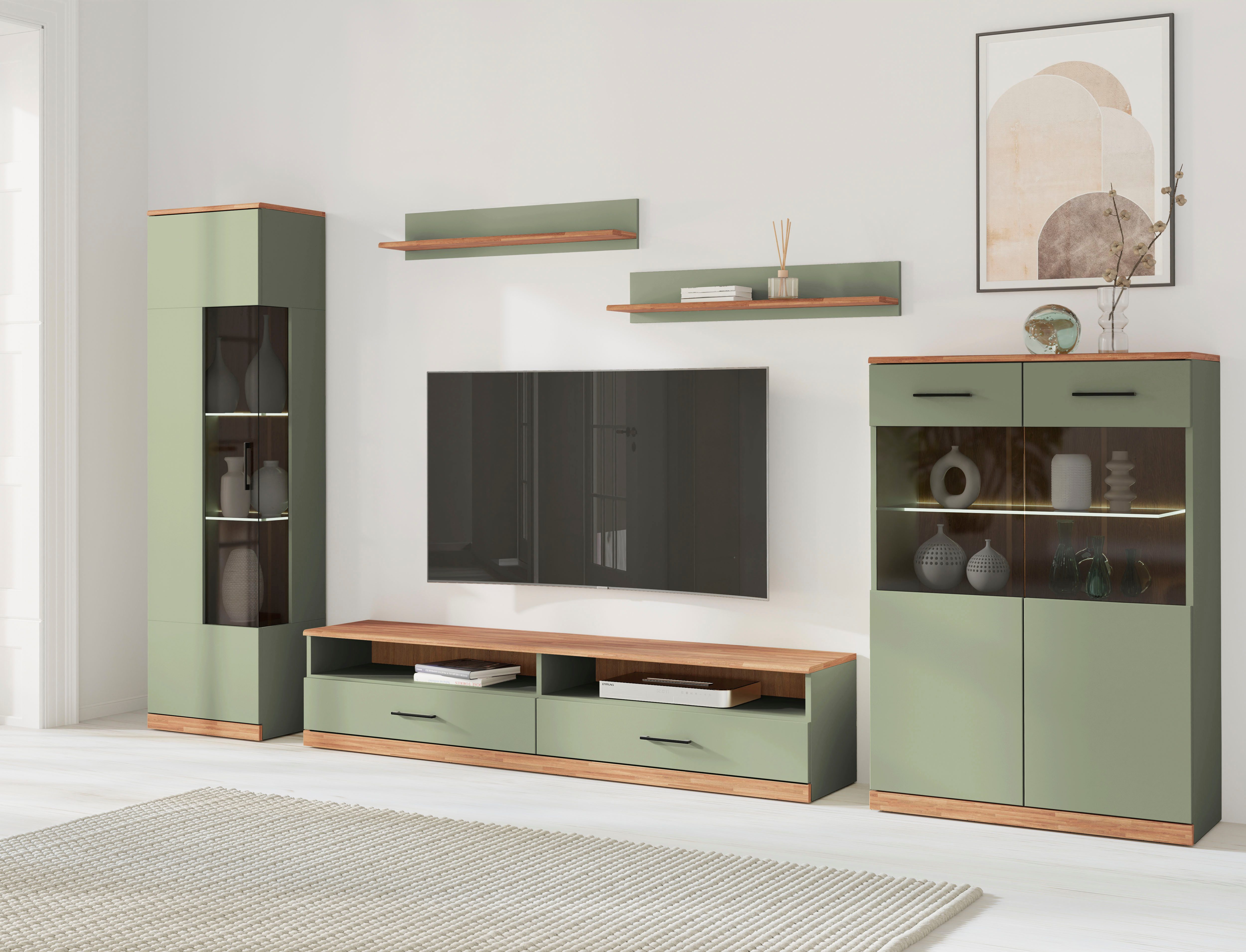 OTTO home Wohnwand Ribe,Set-5 St.,Oberplatten Eiche massiv,viel Stauraum, (5-St), Glaseinsatz aus gehärtetem Glas,Böden teilweise versetzbar