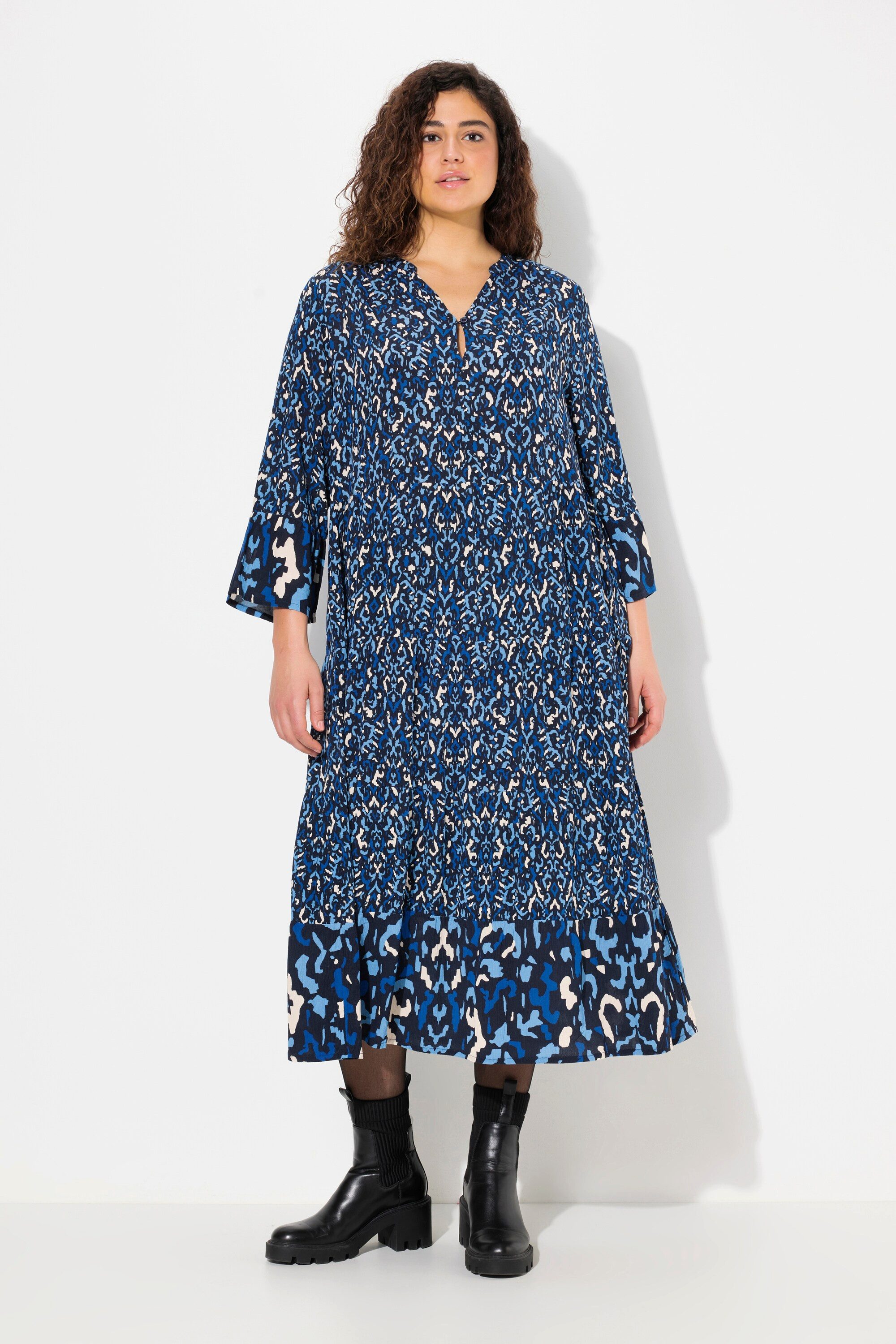 Jerseykleid Kleid A-Linie Tunika-Ausschnitt 3/4-Volantarm