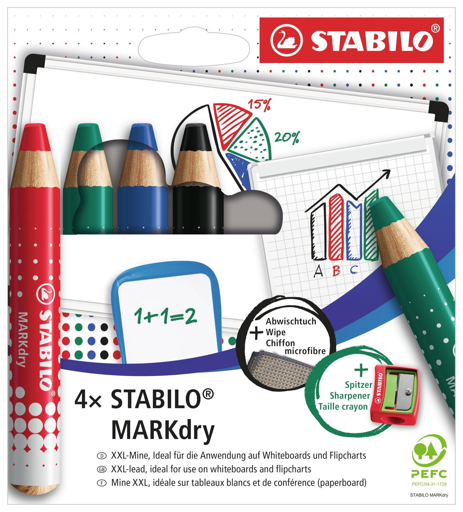 STABILO Marker Marker Set für Whiteboard und Flipchart 4er Set, Trockene XXL Mine trocknet nicht aus