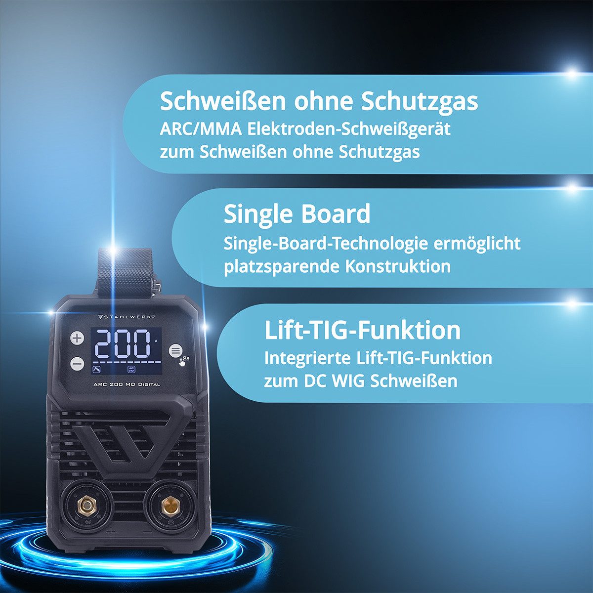 STAHLWERK Inverterschweißgerät ARC 200 MD Digital Inverter E Hand Schweißgerät 200 A MMA Lift TIG, Packung}, 6-tlg., Einzelgerät, E-Hand, Lift-TIG Inverter mit 200 Ampere, Digital-Display, IGBT