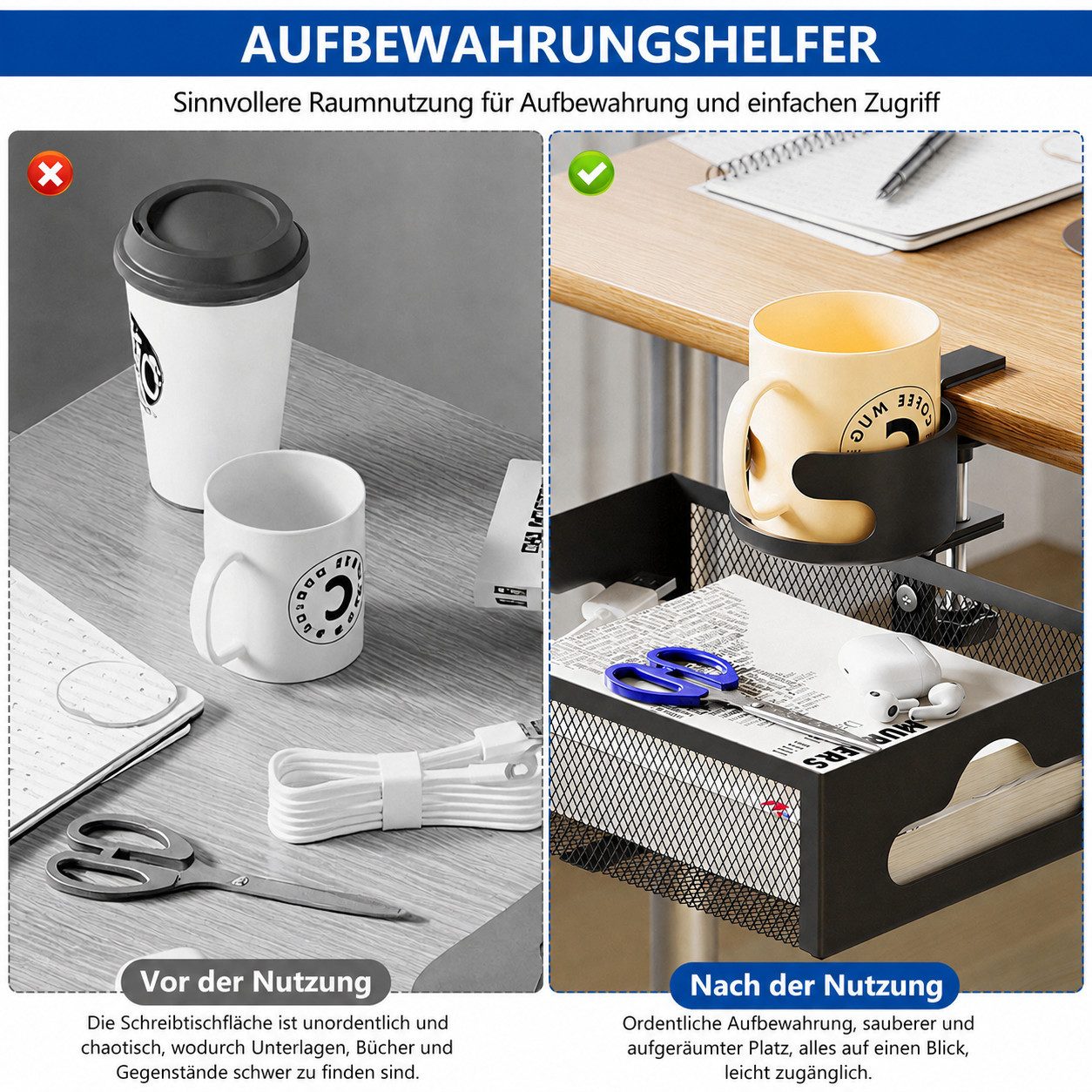 BlingBin Kabelkanal Metall Schreibtisch Organizer mit Getränkehalter,Untertisch Ablagekorb (1er Set, 1-St., Untertisch Ablage mit Becherhalter und Kabellöchern), 360° drehbar, ohne Bohren, Klemmhalter für Tischplatten 1–5 cm,schwarz