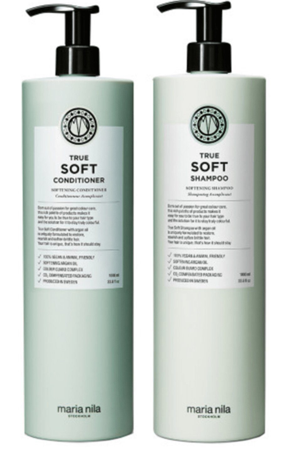 Maria Nila Haarpflege-Set True Soft XL Duo, Set, 2-tlg., Shampoo 1000 ml + Conditioner 1000 ml, Feuchtigkeitsspendend, Anti-Frizz