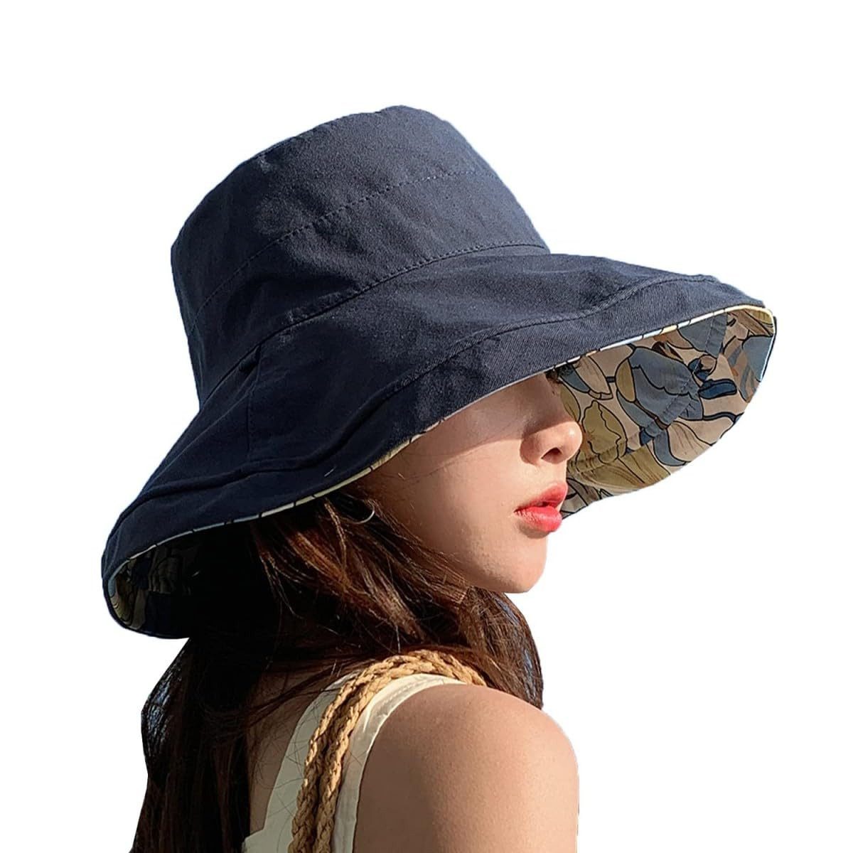 Zaewry Fischerhut Wendbarer Bucket Hat für Damen, UV-Sonnenschutz, Breite Krempe Fischerhut, Sommer-, Strand- & Reisehut
