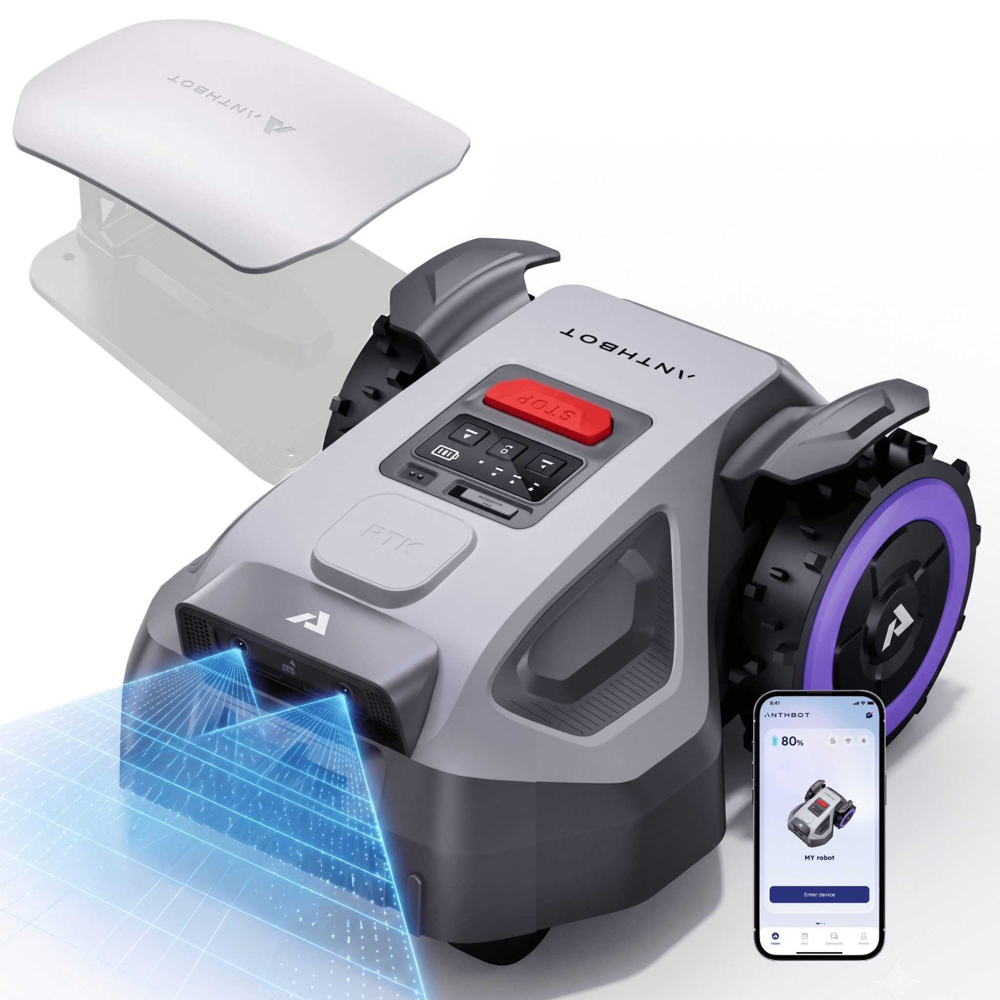 ANTHBOT Rasenmähroboter M5 Serie Ohne Begrenzungskabel mit RTK-Navigation & HDR-Dual-Vision, bis 700 m² Rasenfläche, (mit 4G-Modul, Schnitthöhe per App), Steigungen bis zu 45%, aktiver Tierschutz & KI-Hindernisvermeidung