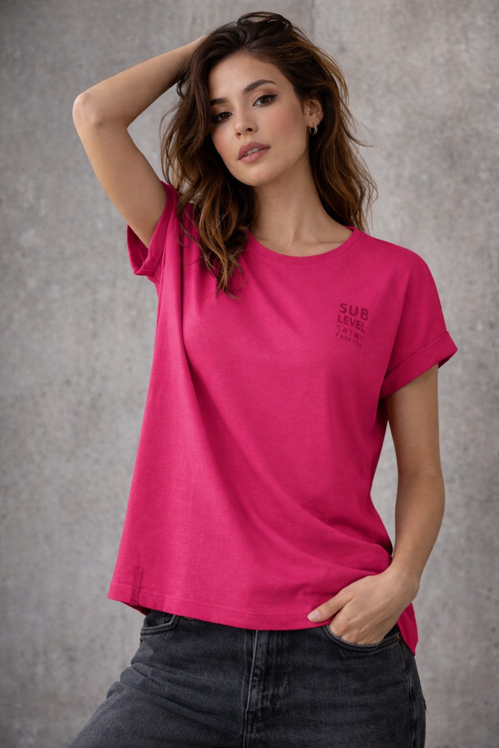 SUBLEVEL T-Shirt Damen Shirt Turn-Up Ärmel Weiches Basic Shirt Rundhals Kurzarm Baunwolle Modal Mix, super soft, unifarben, markenlogo