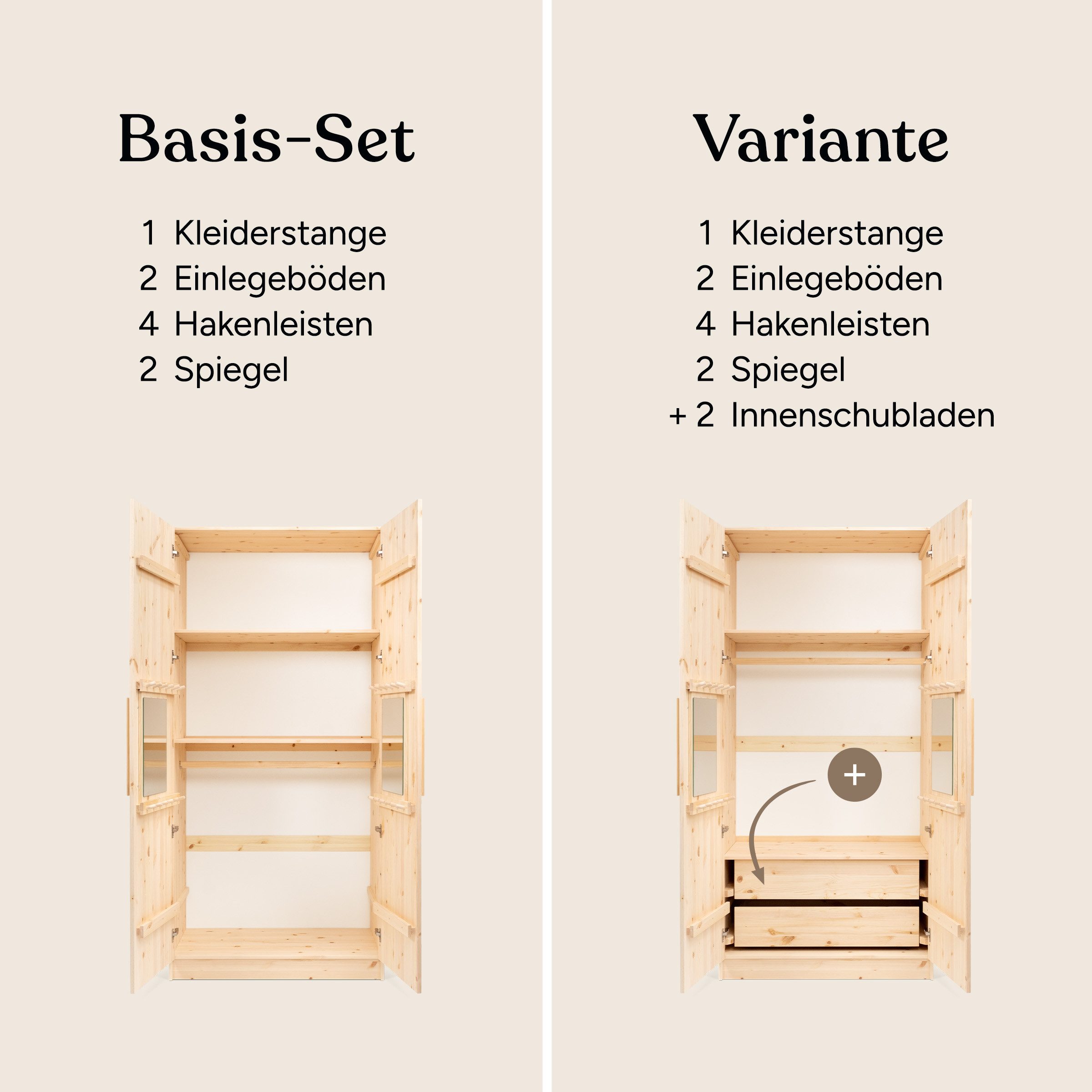 Ehrenkind Kleiderschrank Linia 100 cm aus Kiefernholz (inkl. Kleiderstange und 2 Einlegeböden, flexibel anpassbare Innenaufteilung für Kinderzimmer) mit Soft-Close-System, individiuelles Rastersystem