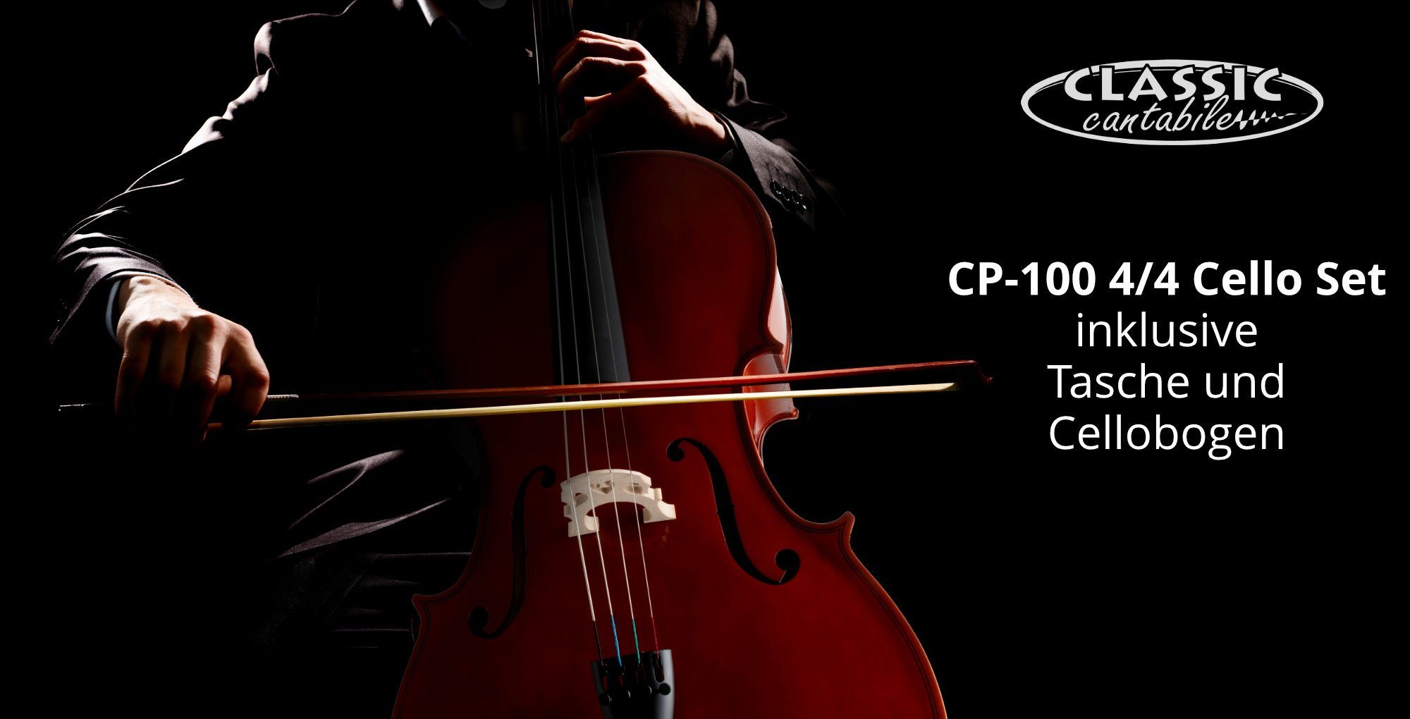 Classic Cantabile Cello Classic Cantabile CP-100 Cello 4/4 Set inkl. Bogen + Tasche, Komplett-Set, inkl. Tasche und Bogen, mit höhenvertellbarem Stachel, hochglanz lackiert