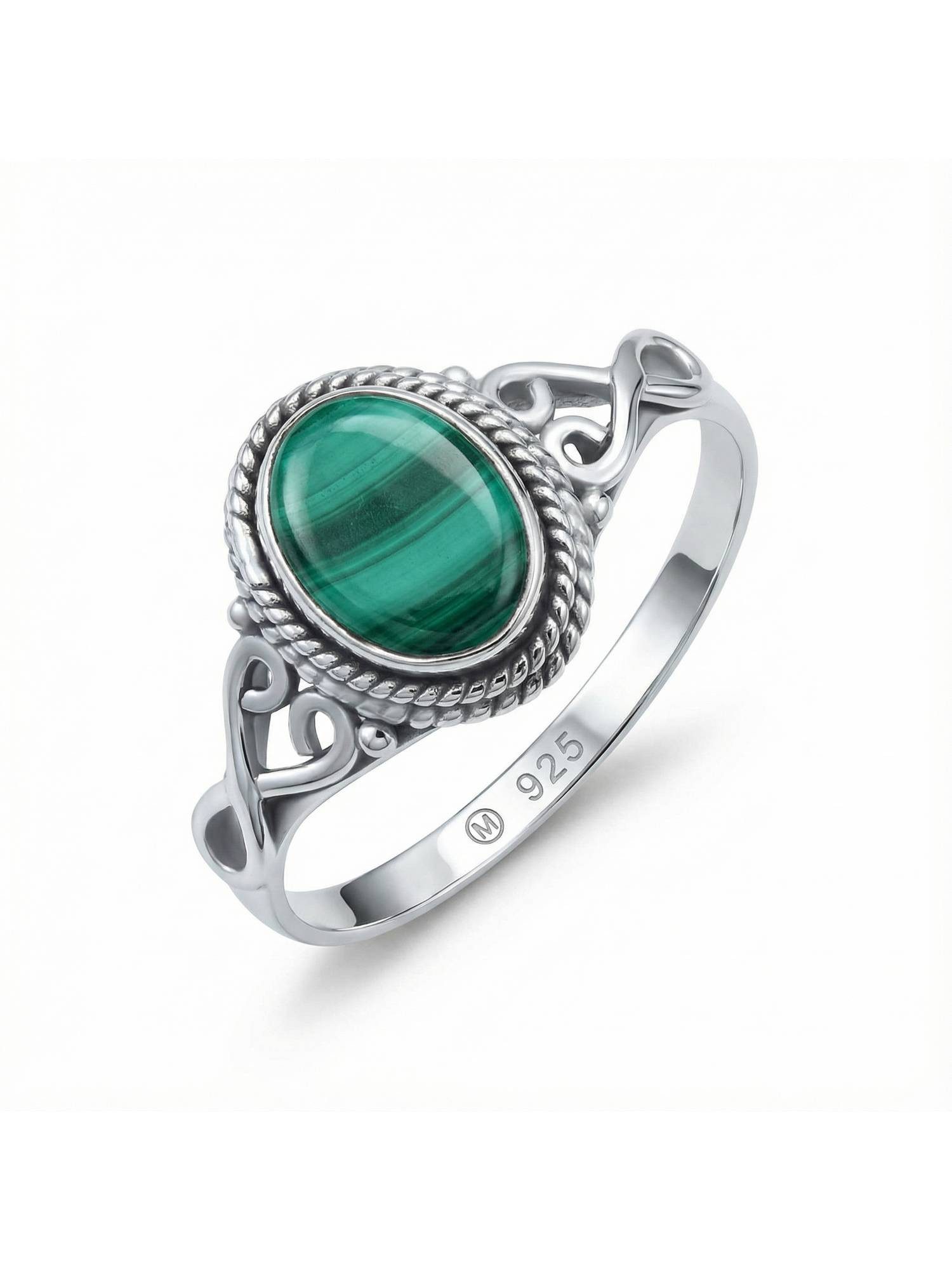 mantraroma Silberring BAGHIMI oval aus 925 Silber mit Malachit (Ring mit Schmuckbeutel), Damenring aus 925er Silber