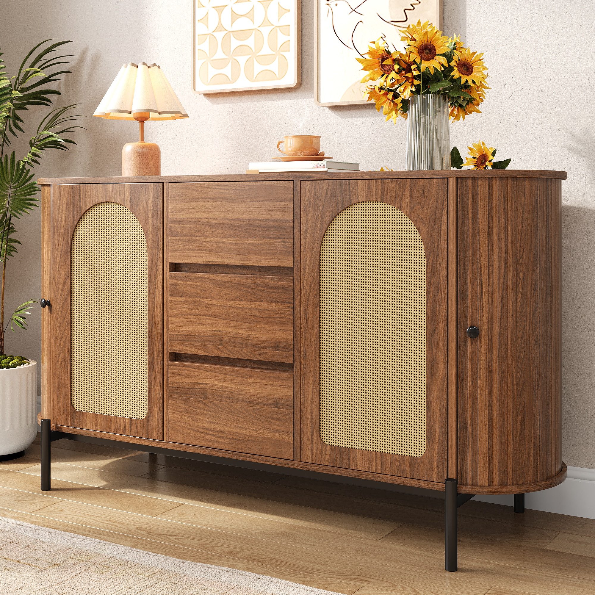 Merax Sideboard mit Rattantüren, Ovales Aufbewahrungsschrank in Holzoptik (140 × 38 × 77,5 cm, 1 St), Kommode mit 2 Schiebetüren, 3 Schubladen, Metallbeinen & Stauraum