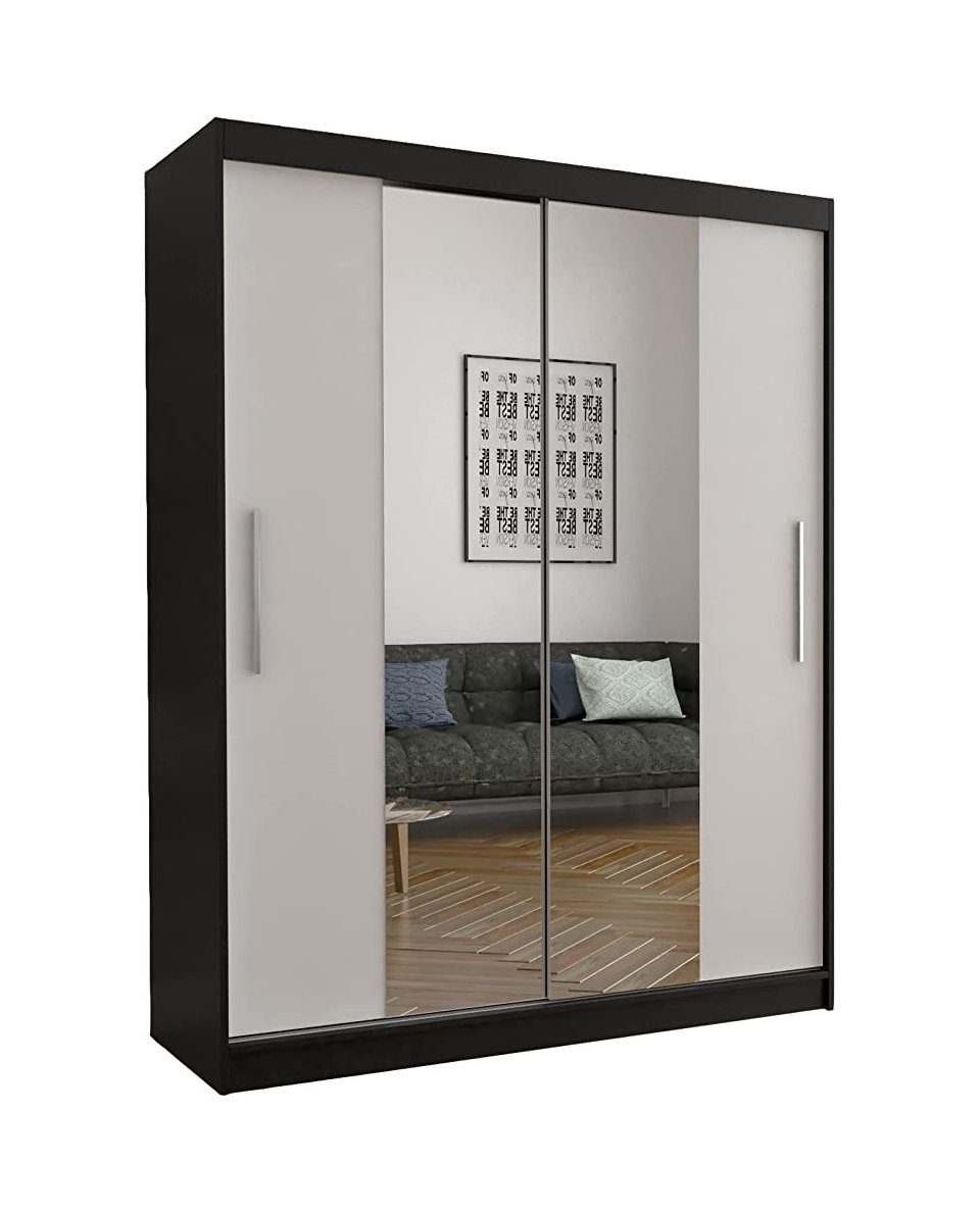 schwarz Home Comfort mittig Polini Prime | in 204x218x58 Schwebetürenschrank Spiegel Schwarz-Weiß cm schwarz-weiß