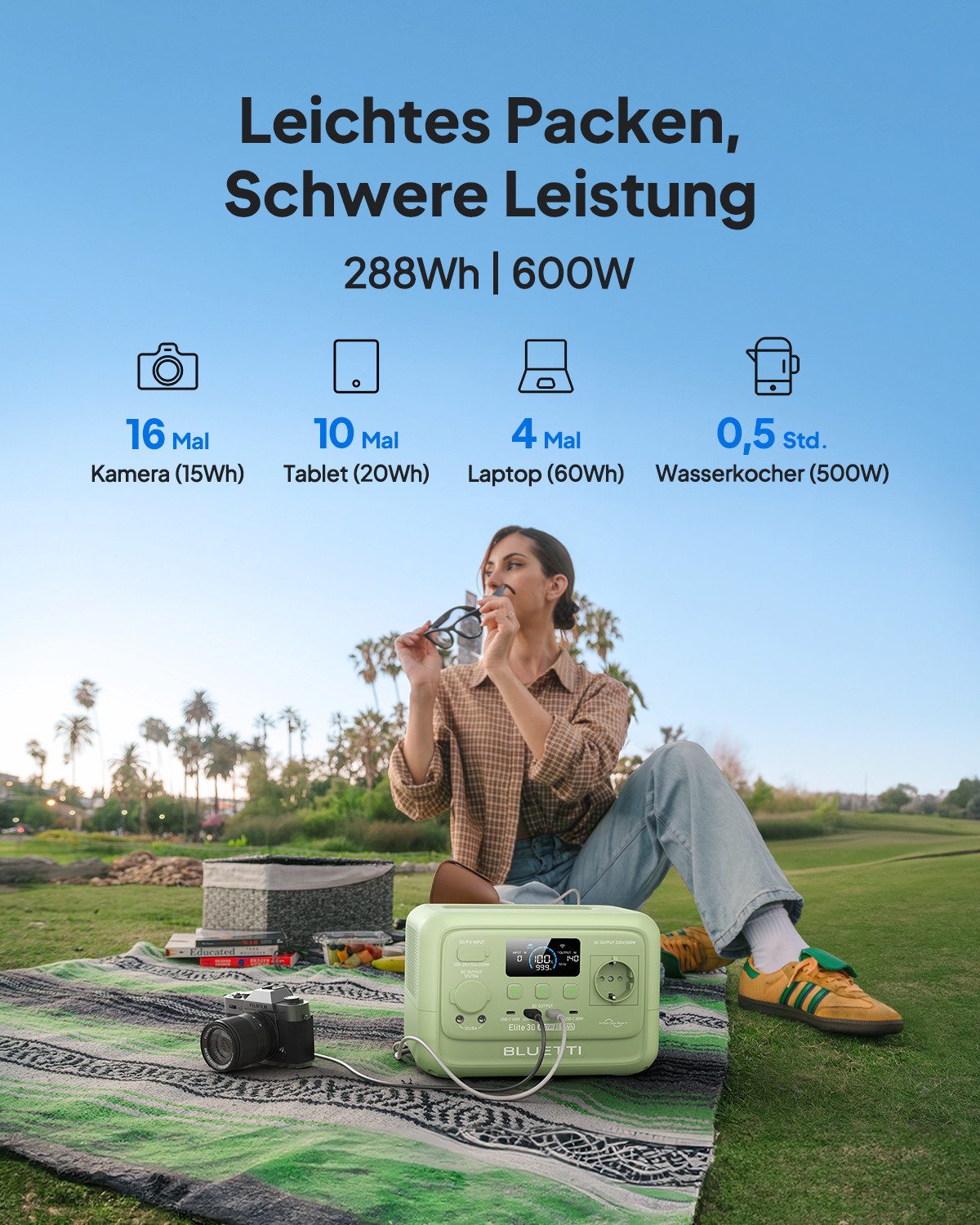 BLUETTI Stromerzeuger Elite 30 V2 Solargenerator 600W / 288Wh Tragbarer Powerstation, 0,6 in kW, (288 Wh LFP Batterie 6 AC Ausgang (Power Lifting 1500W), 0-100% – Bild 2 von 5