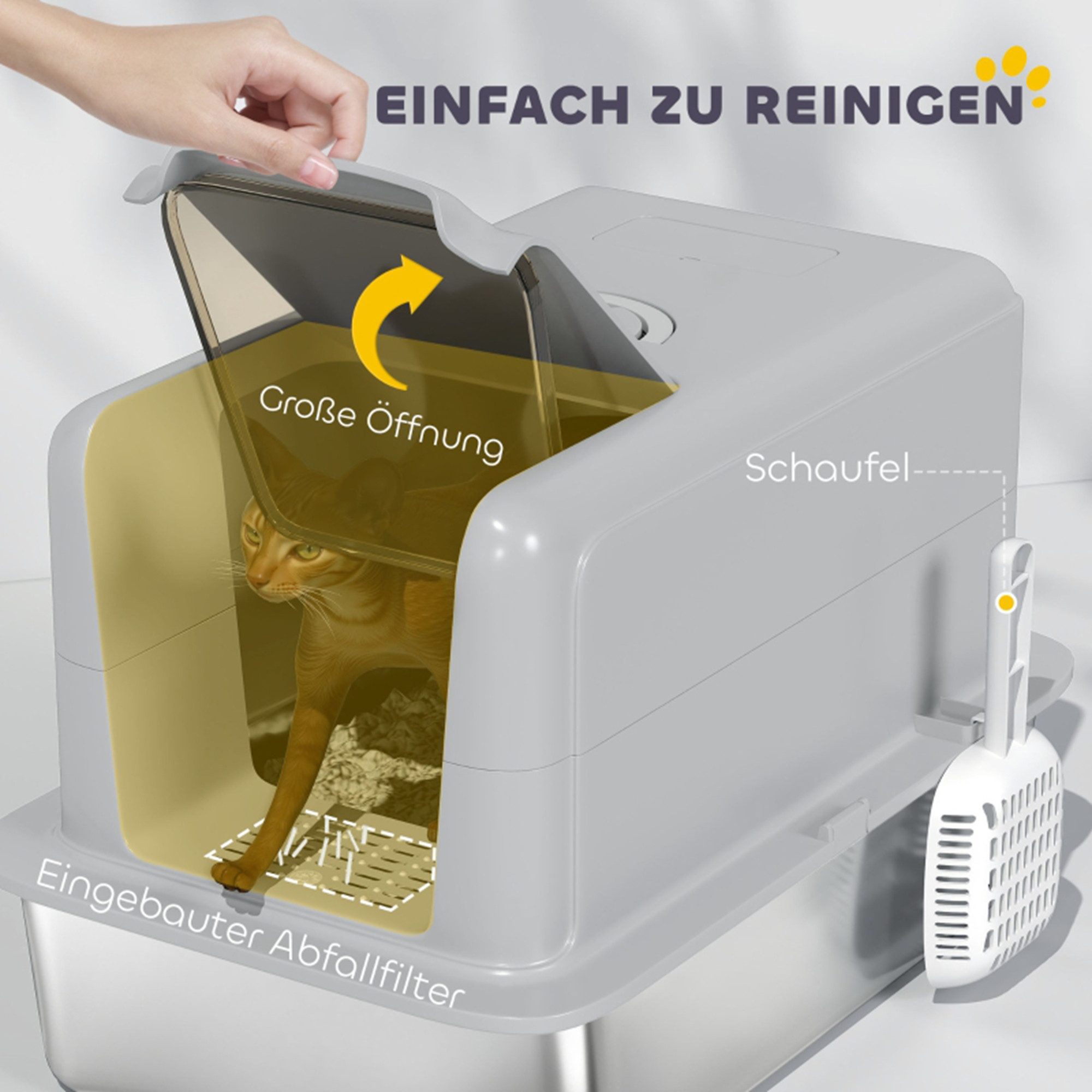 MC Star Katzentoilette Wanne aus Edelstahl, Filter, Schaufel, für Katzen bis 6 kg, 40,5 x 60,5 x 41,5 cm, Grau/Silber