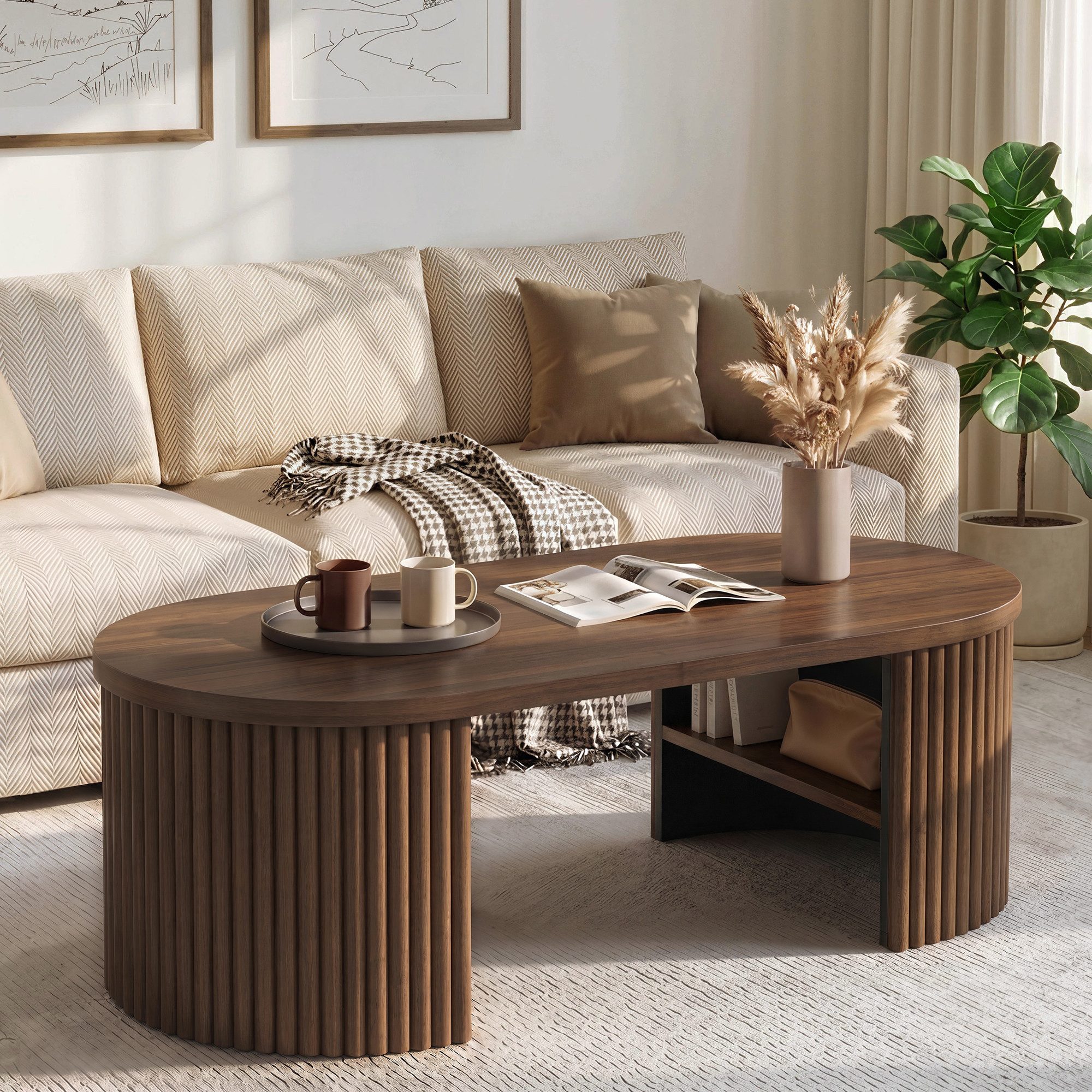 Merax Couchtisch Ovaler Sofatisch Beistelltisch im Rillen-Design skandinavisch (1-St), Wohnzimmertisch mit Ablagefach & Stauraum, 100x50x35cm