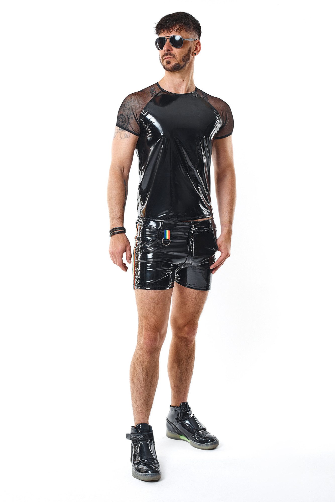 Regnes Fetish Planet T-Shirt Herren T-Shirt schwarz mit Schultern aus Mesh elastisch fetisch